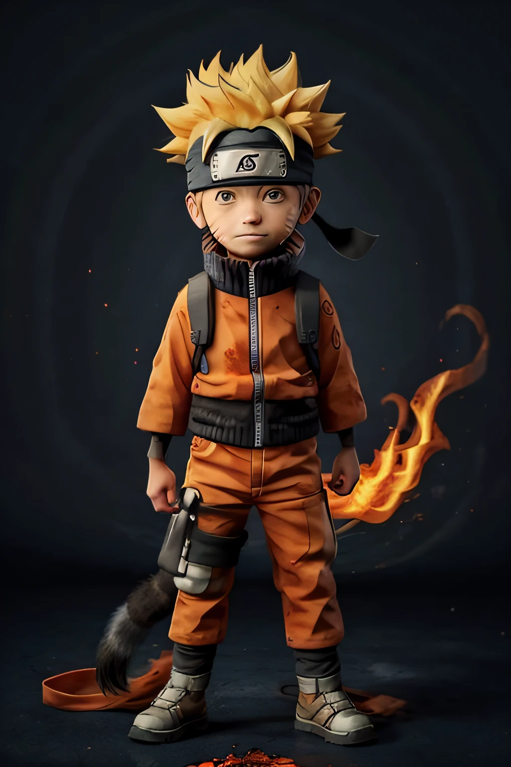 Naruto,1boy, black_background, fire, 9 fox tails,