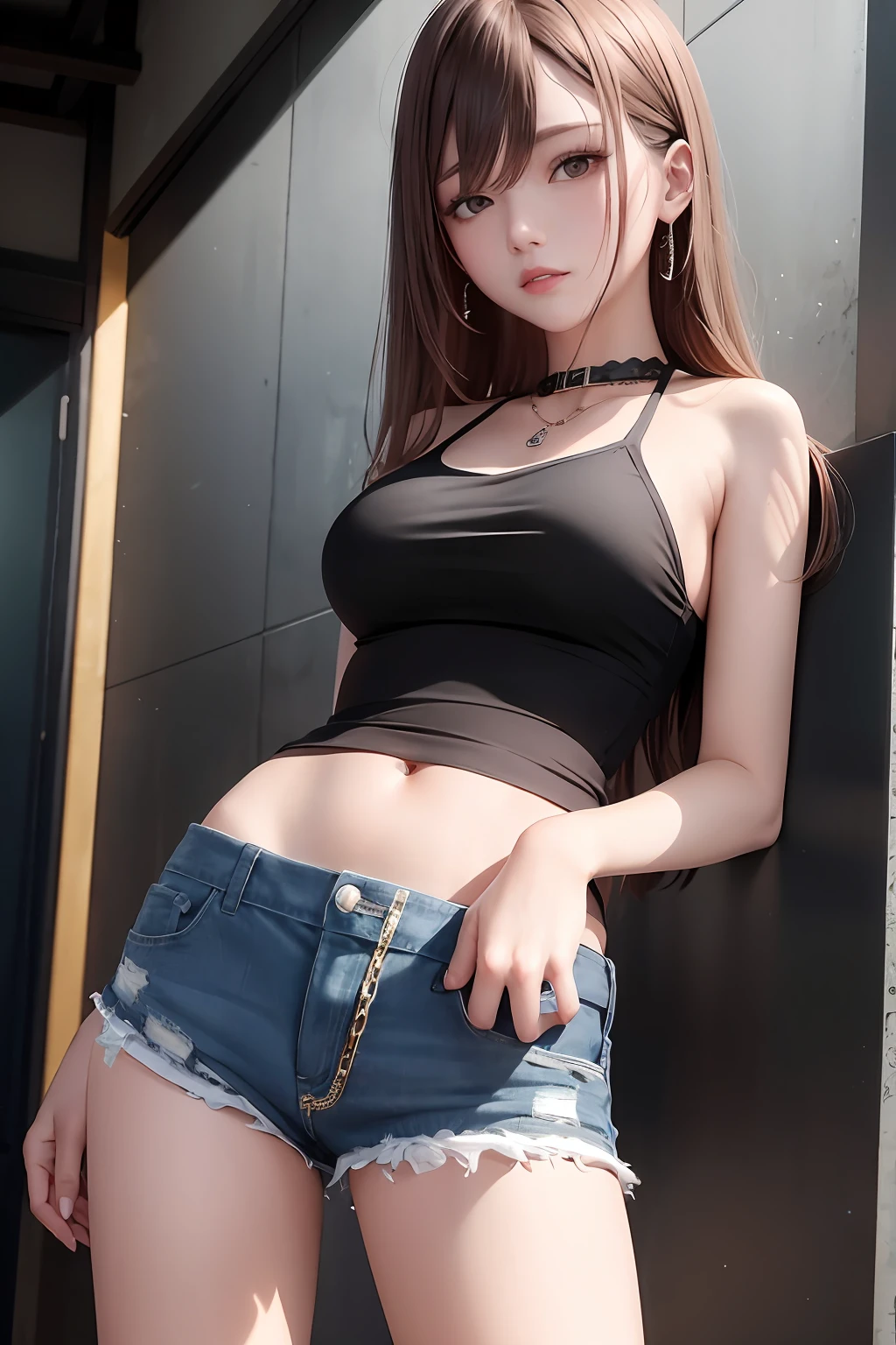 （（mideum breasts、tomgirl、Head））、（the perfect body：1.1）、（short wavy hair：1.2）、reddish brown、collars、chain、FULL BODYSHOT、Crowded city、Black tank top、jean jacket、（Shorts）、（Very elaborate CG 8K wallpapers）、（extremely delicate and beautiful）、（​masterpiece）、（top-quality）:1.0)、(超A high resolution:1.0)、beautiful  lighting、perfect lightning bolt、realistic shadow、[hight resolution]、detailed skins、ultra-detailliert ((colourfull))、Kowloon City