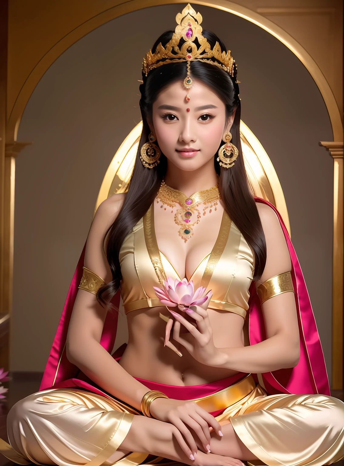 Beautiful princess sitting on a lotus,Wearing a delicate gold crown,beautiful countenance,Holding a flower in one hand,pale robe,Barefoot on both feet,The corners of the mouth are slightly upturned,Look at the camera with a gentle expression,Precise anatomy,Perfect human anatomy,Gorgeous and noble costumes,8k 壁纸,Amazing Cleavage,tmasterpiece,indian goddess of wealth,Venerable goddess,Beautiful dream world,Gorgeous Elysium,
