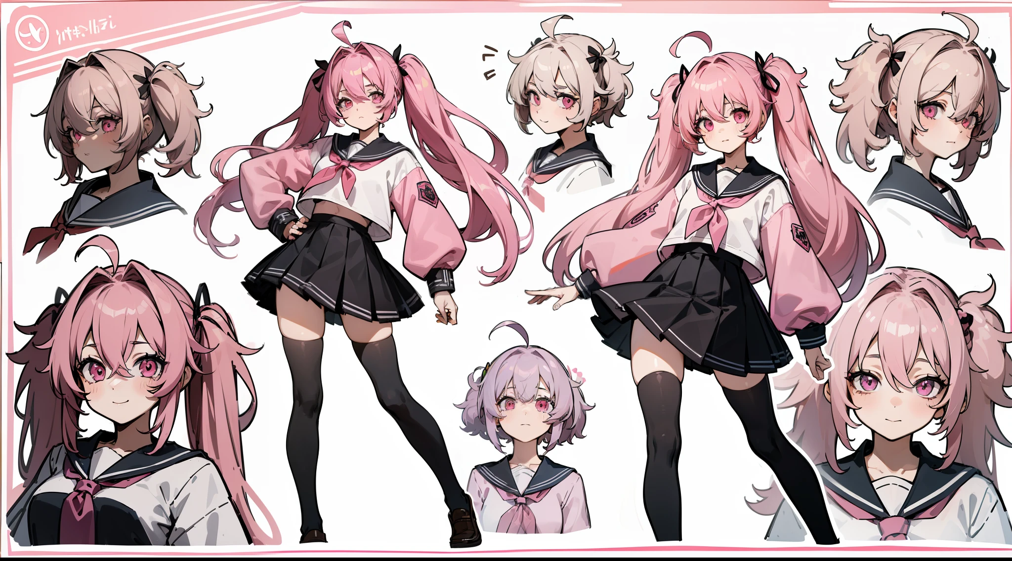 ((Masterpiece, highest quality)), detailed face, character sheet, Full body, 1girl, pink eyes, pink hair, twintails, ahoge, ((messy hair)), hair between eyes, school uniform, cardigan, black thigh-highs, smile, yandere, dark, pink theme, , full of details, multiple poses and expressions, highly detailed, depth, many parts