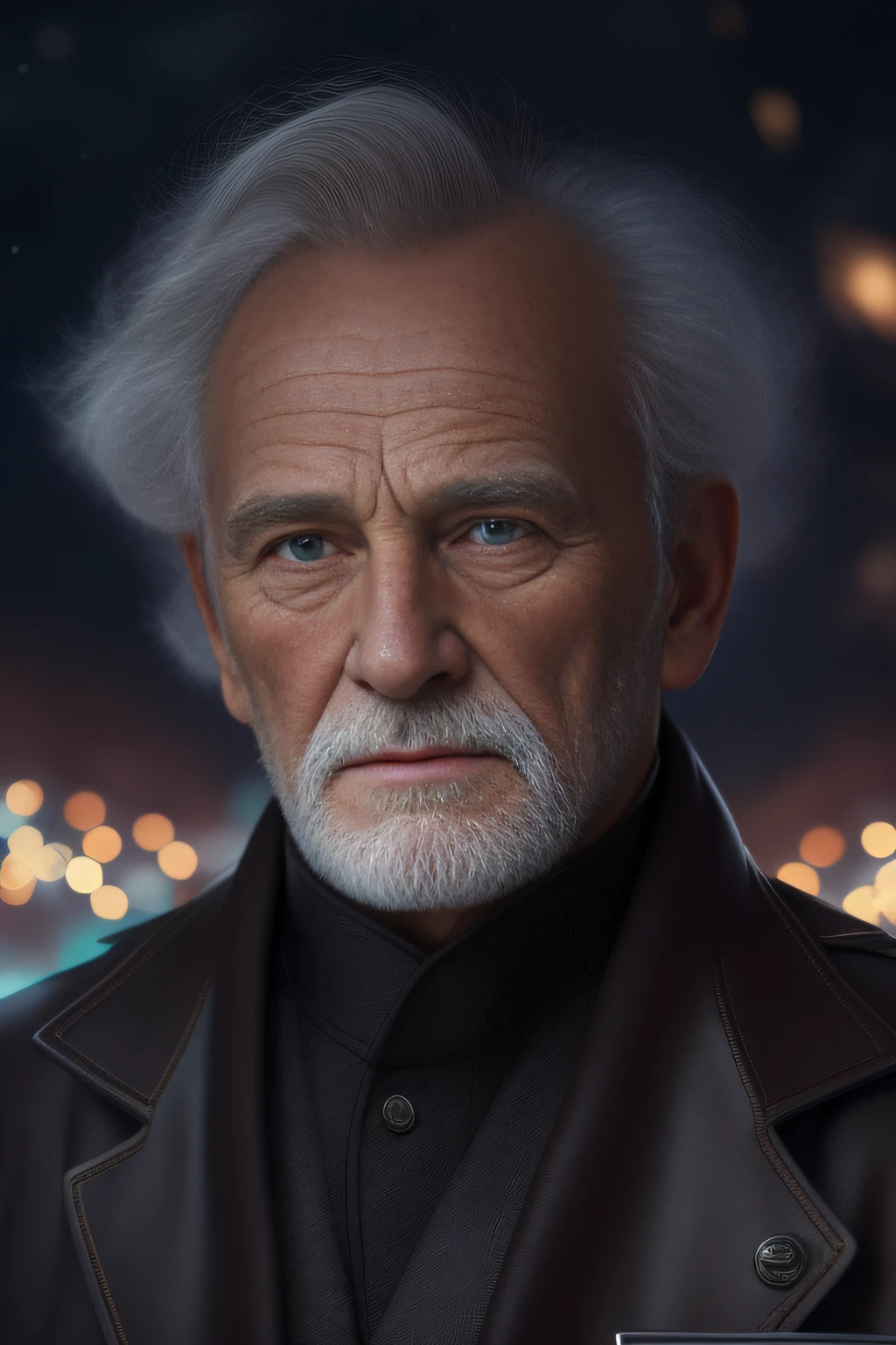 Create an ultra realistic half body close up image of an old man, standing in a children's park in night blurr sky and wearing black russian outfit , exuding confidence and professionalism,eyes towards front, looking in front , front facing face , he should have sharp features, mesmerizing hazel eyes, wrinkled skin and a symmetrical face that radiates grace. Capture the essence of his determination, intelligence, and poise.