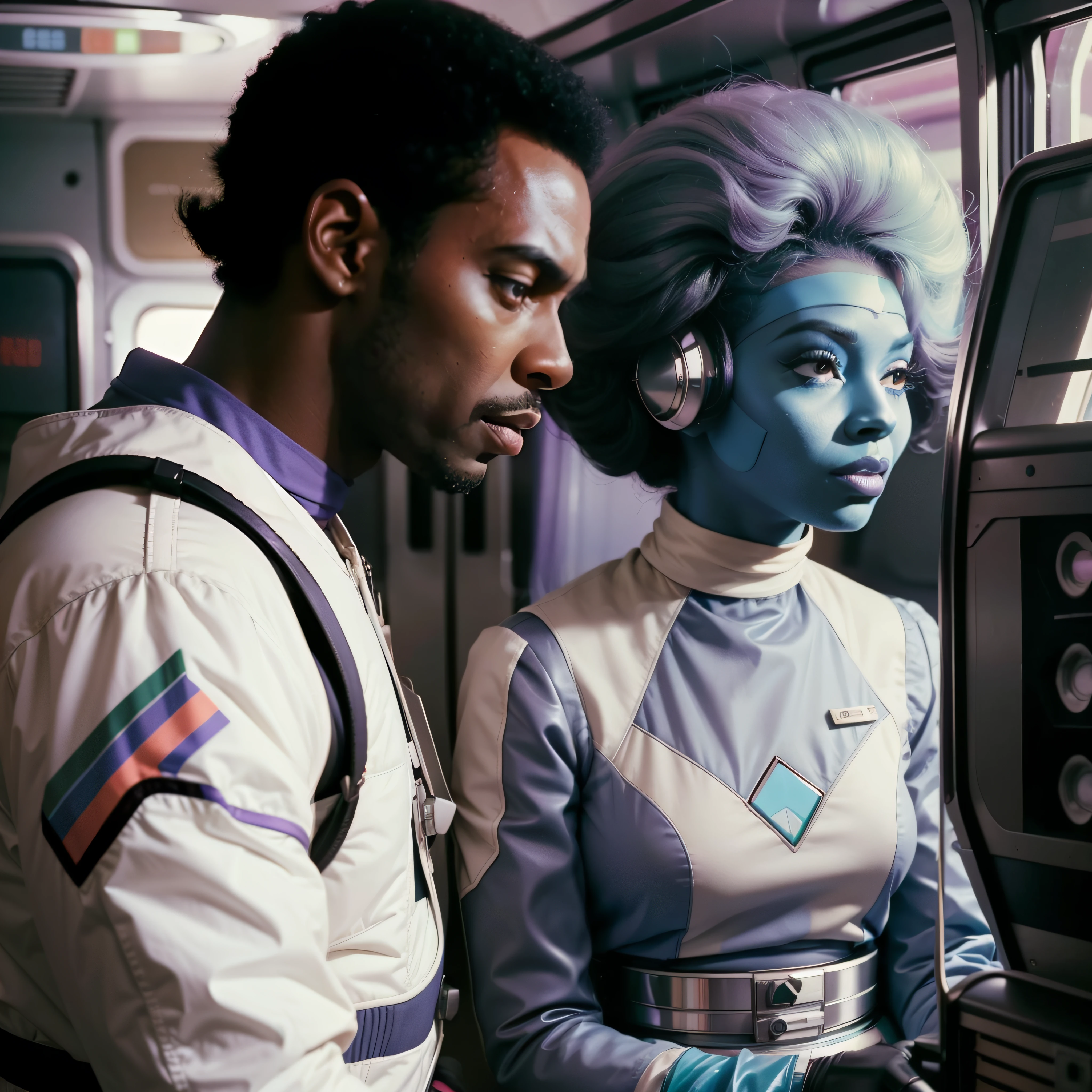 4k image from a 1960s science fiction film by Wes Anderson, Filme O Grande Hotel Budapeste, pastels colors, Black man and black woman with lilac black power wearing retrofuturistic alien masks and holding colorful suitcases and chests on the bus, Retro-futuristic fashion clothes from the 60s with old robots, Luz Natural, Psicodelia, futurista estranho, retro-futurista, photo-realistic, Sharp background details.