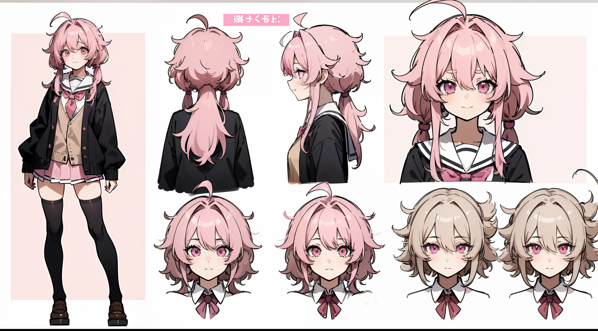 ((Masterpiece, highest quality)), detailed face, character sheet, Full body, 1girl, pink eyes, pink hair, twintails, ahoge, ((messy hair)), hair between eyes, school uniform, cardigan, black thigh-highs, smile, yandere, dark, pink theme, , full of details, multiple poses and expressions, highly detailed, depth, many parts