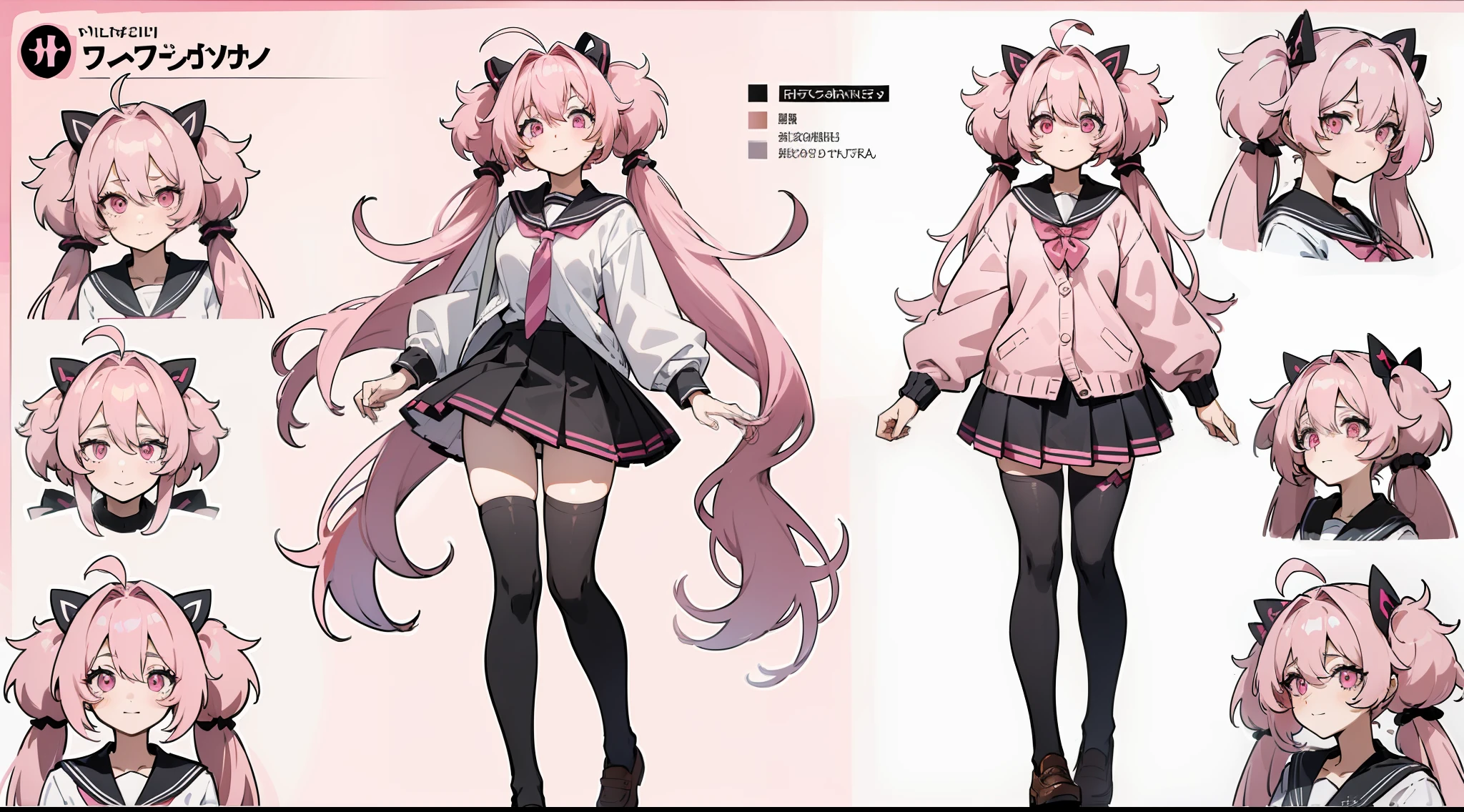 ((Masterpiece, highest quality)), detailed face, character sheet, Full body, 1girl, pink eyes, pink hair, twintails, ahoge, ((messy hair)), hair between eyes, school uniform, cardigan, black thigh-highs, smile, yandere, dark, pink theme, , full of details, multiple poses and expressions, highly detailed, depth, many parts