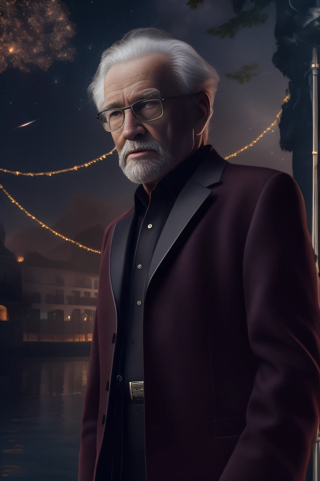 Create an ultra realistic half body close up image of an old man, standing in a children's park in night blurr sky and wearing black russian outfit , exuding confidence and professionalism,eyes towards front, looking in front , front facing face , he should have sharp features, mesmerizing hazel eyes, wrinkled skin and a symmetrical face that radiates grace. Capture the essence of his determination, intelligence, and poise.