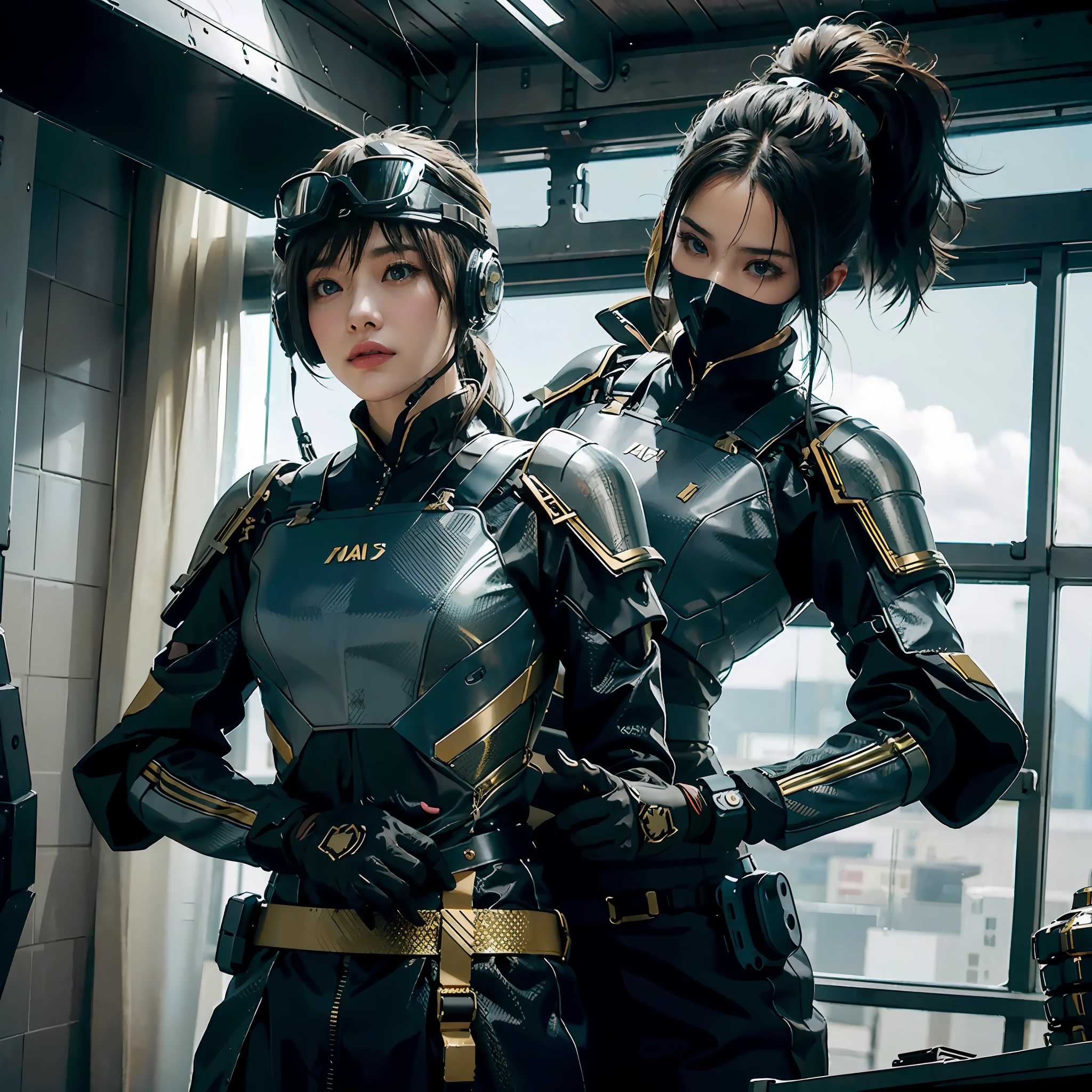 in a panoramic view,photorealestic,cyber punk style,Blue sky, Fly a sci-fi plane,A military base at the foot of the modern Great Wall,3girl,Wear black Chinese high-tech clothing,Dressed in gorgeous gold Chinese high-tech armor,Wearing a gold high-tech helmet,Black high-tech mask,High-tech goggles,High-tech equipment hangs from the body,High-tech motorcycle,High-tech combat vehicles,Armed with a sci-fi sabre,Carry a sci-fi rifle,Standing in front of a military base,Sharp eyes,professinal,Meistwick,commissioned,best qualtiy,color corrected,After fixation,Retouching,Improvement,Epic,Tone-mapping,the detail, highly detailed, digitial painting, art stations, Conceptual map of the long dam, Smoothness, Sharp focus, Beautiful illustration, photore, The light from the back window is backlighted, 动态照明, Mist, 复杂, cinematic grain, professinal, face to the viewer,(Beautiful m3d_woman, Perfect M3D_face,), Volumetriclighting, subsurfacescattering, Good highlights, Good shadows, cinematic ligh