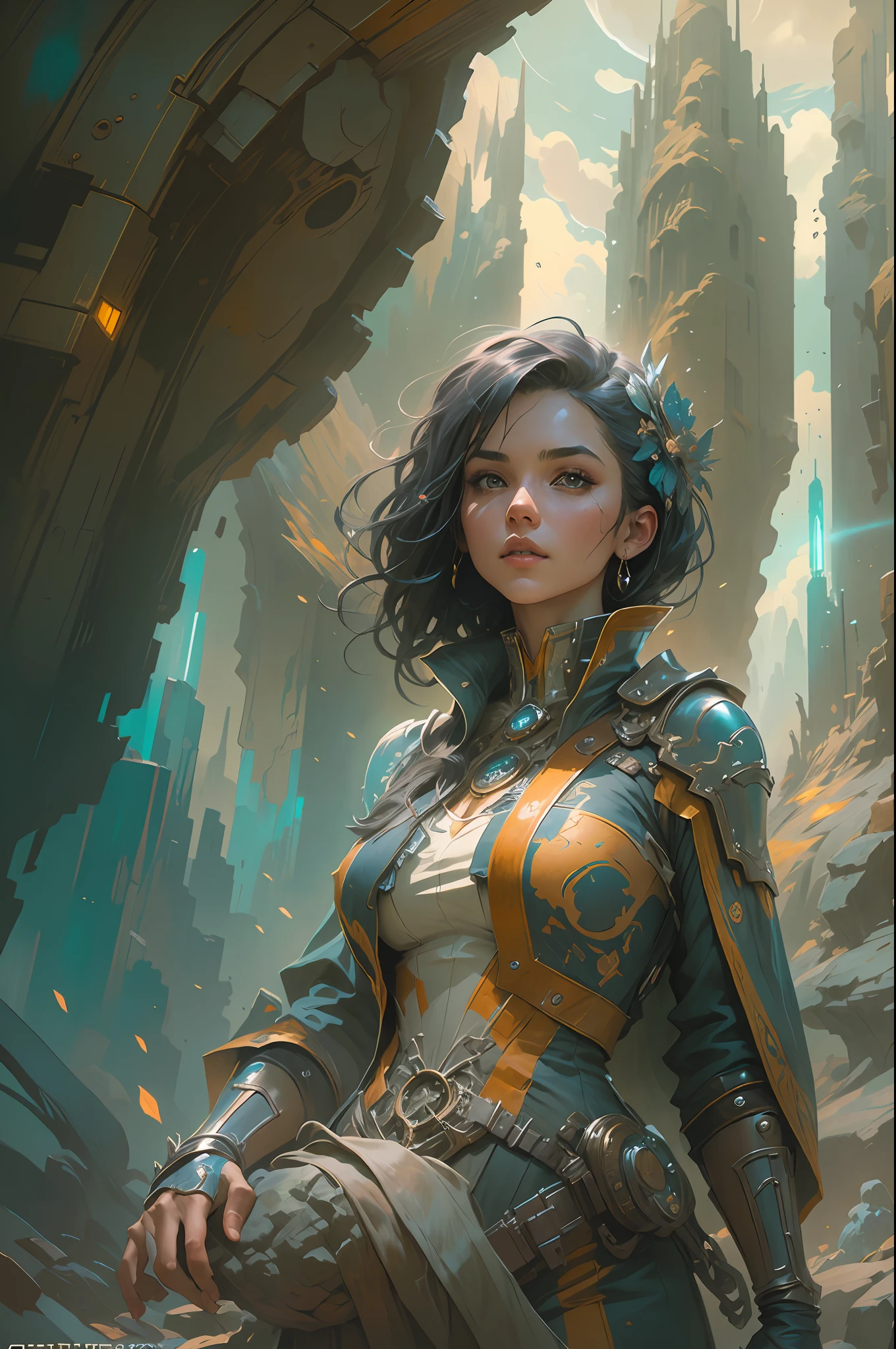 Portrait of a girl standing on a marvelous stone, standing gitl:1.2, (Low contrast ), colorfantasystyle, Oil painting on matte canvas, sharp detailed, the expanse scifi spacescape ceres colony, Intricate, Highly detailed, Digital painting, plethora of colors, smooth, Sharp focus, illustration, Unreal Engine 5, 8K, art by artgerm and greg rutkowski and alphonse mucha , art by midjourney