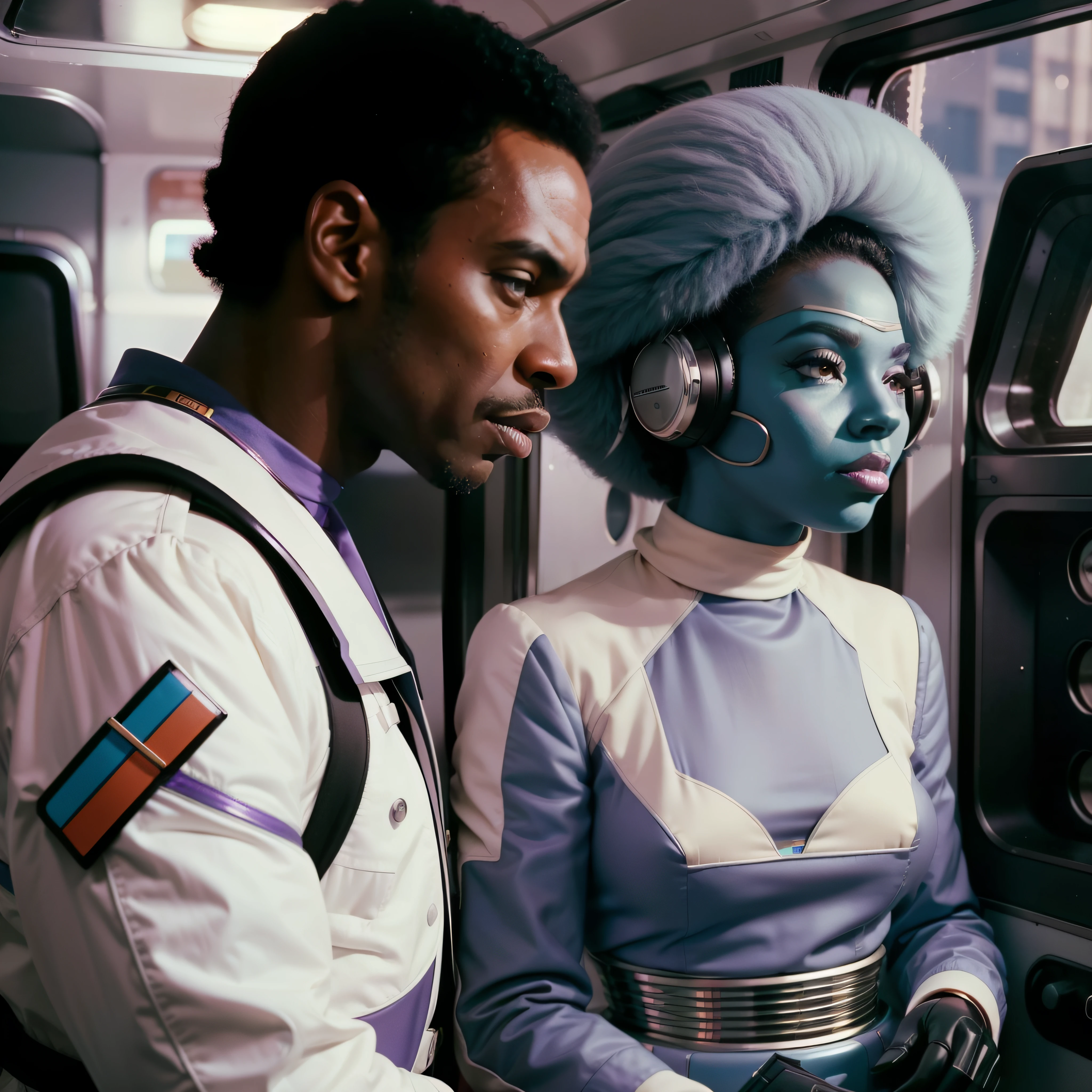 4k image from a 1960s science fiction film by Wes Anderson, Filme O Grande Hotel Budapeste, pastels colors, Black man and black woman with lilac black power wearing retrofuturistic alien masks and holding colorful suitcases and chests on the bus, Retro-futuristic fashion clothes from the 60s with old robots, Luz Natural, Psicodelia, futurista estranho, retro-futurista, photo-realistic, Sharp background details.