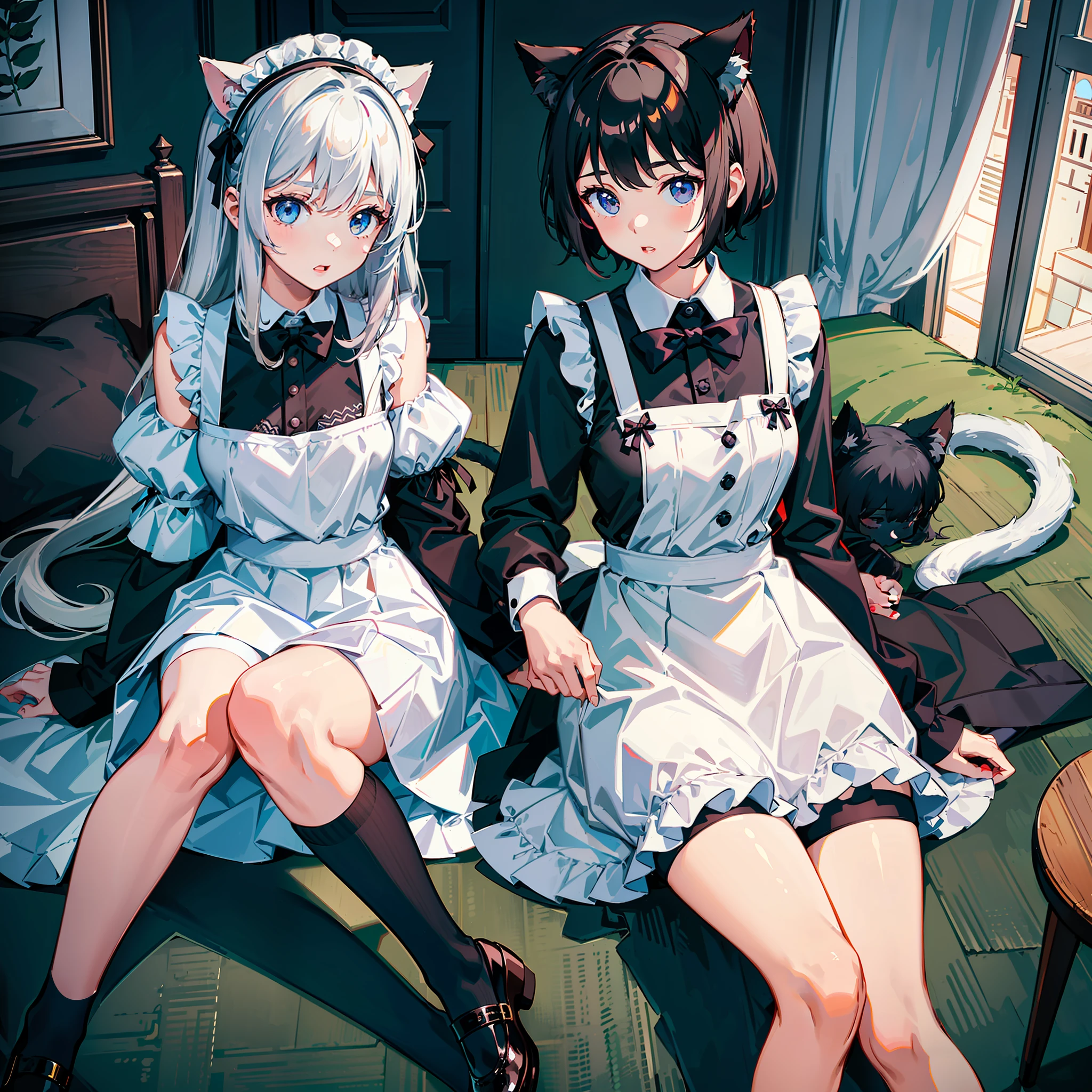 （Best quality)，（Detailed), (2 girls)，A girl wearing a JK uniform，Girls in maid outfits have cat tails and cat ears on top of their heads，The girl in the maid outfit has short hair，The girl in the JK uniform has long chest-length hair，white thighhighs，Medium breasts