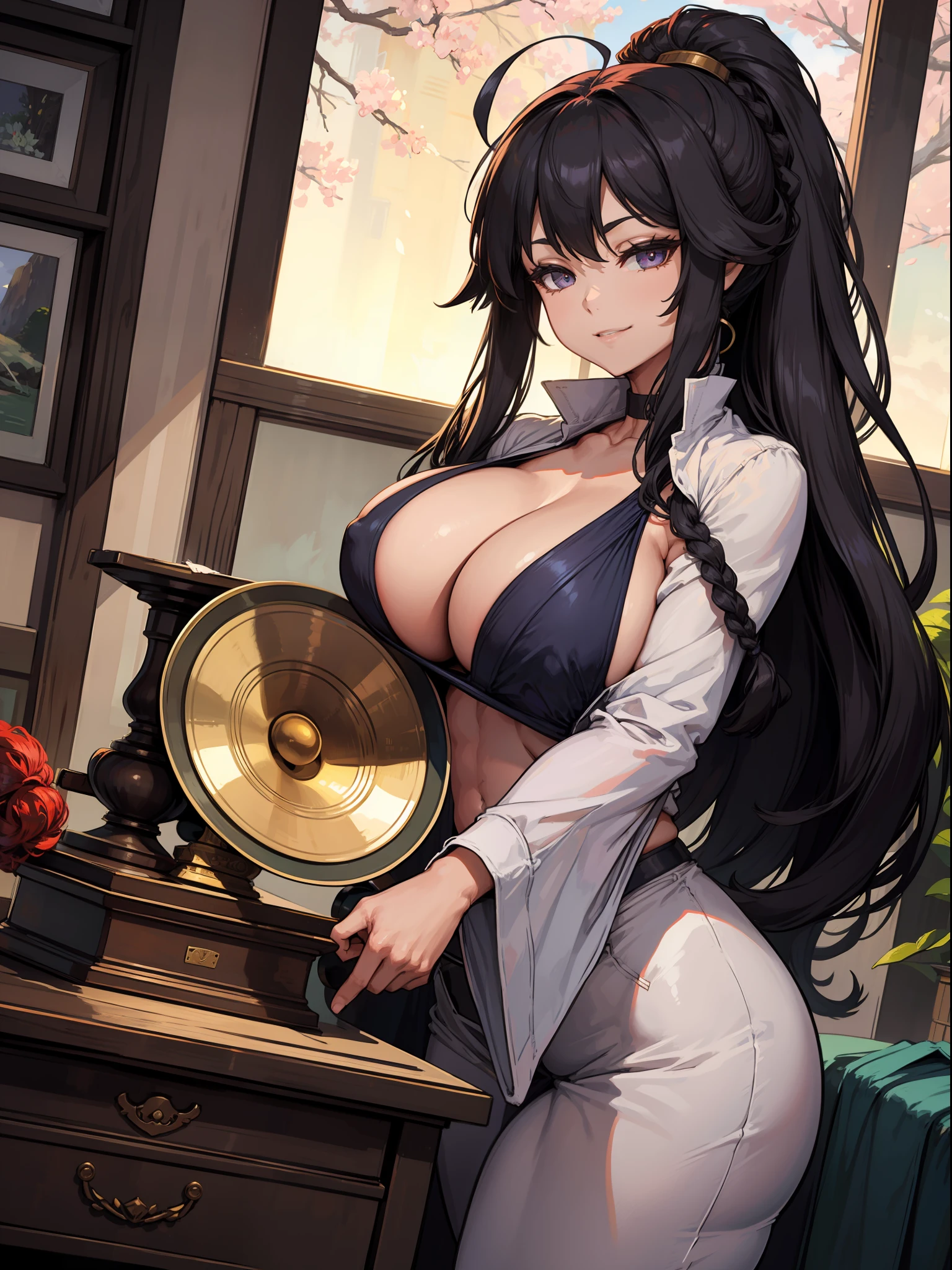 Super huge Super huge Super Giant Chest、A dark-haired、Ahoge、braid ponytail、top-quality、Beautuful Women、Beautiful Kyoto background、Beautiful gramophone、smile、