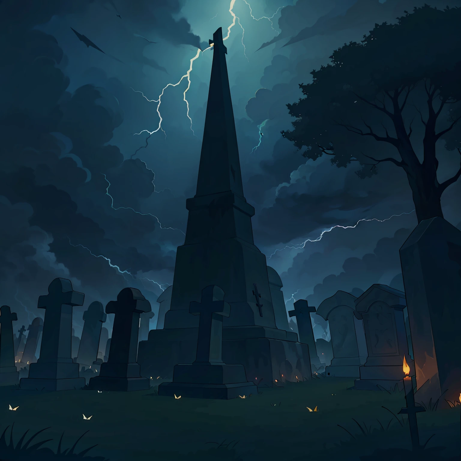 cemetery with lightning storm, no people, dark colors, gothic style, t-shirt design, 2d, flat