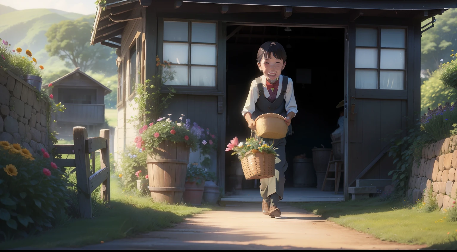 30s of the last century、A seven-year-old boy、brunette color hair、short detailed hair、exteriors、basket、elated、path、Grandma's house、cheerfulness、grin、and the sun was shining brightly、fresh flowers、the fruits、Small snacks,setting in nature