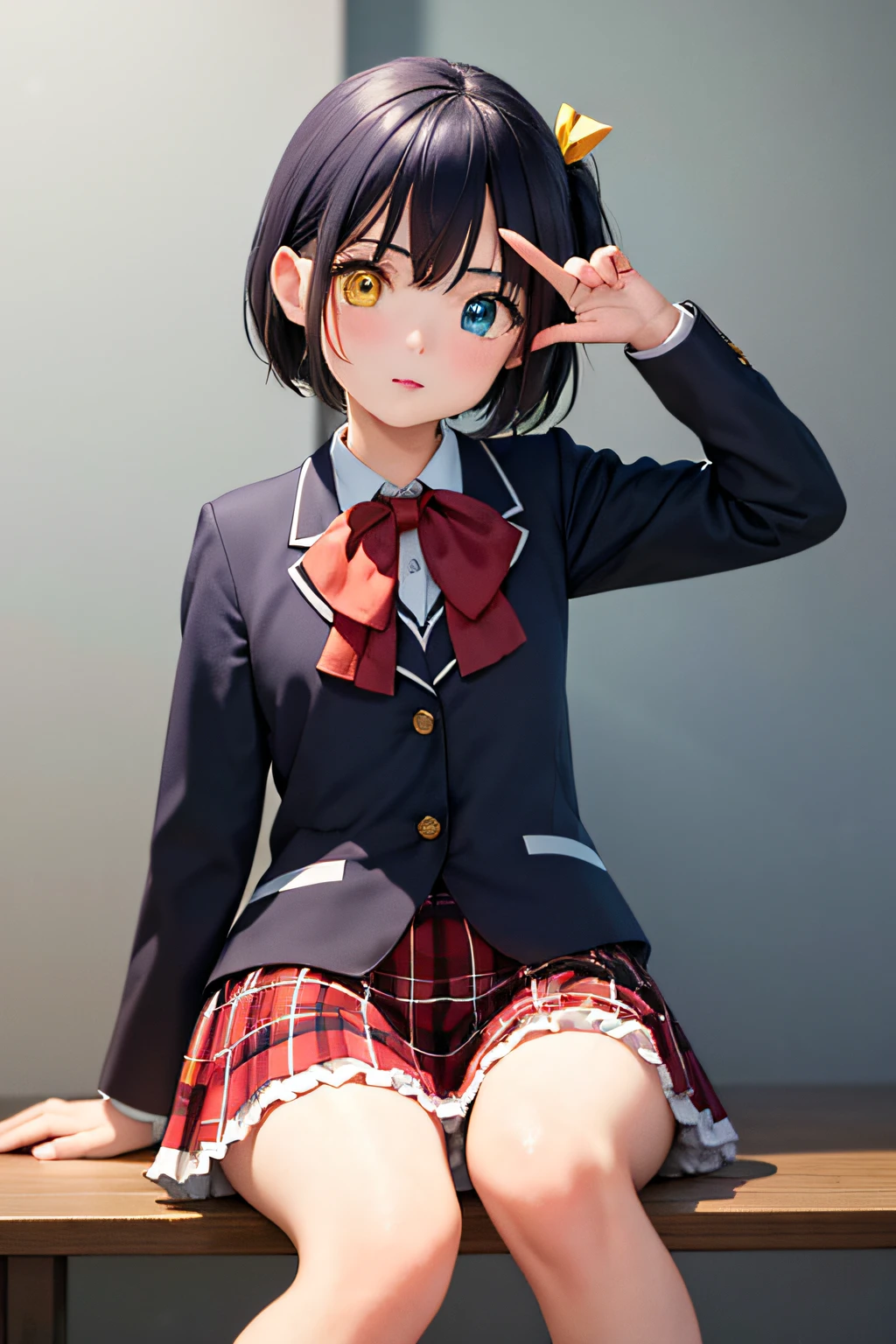 (Masterpiece, Best quality:1.2), Cowboy shot, Solo, 1girll, Takanashi Millionaire, Expressionless, Closed mouth, view the viewer, Sitting, one side up, Heterochromia, Yellow eyes, Blue eyes, school uniform, Jacket, plaid skirts