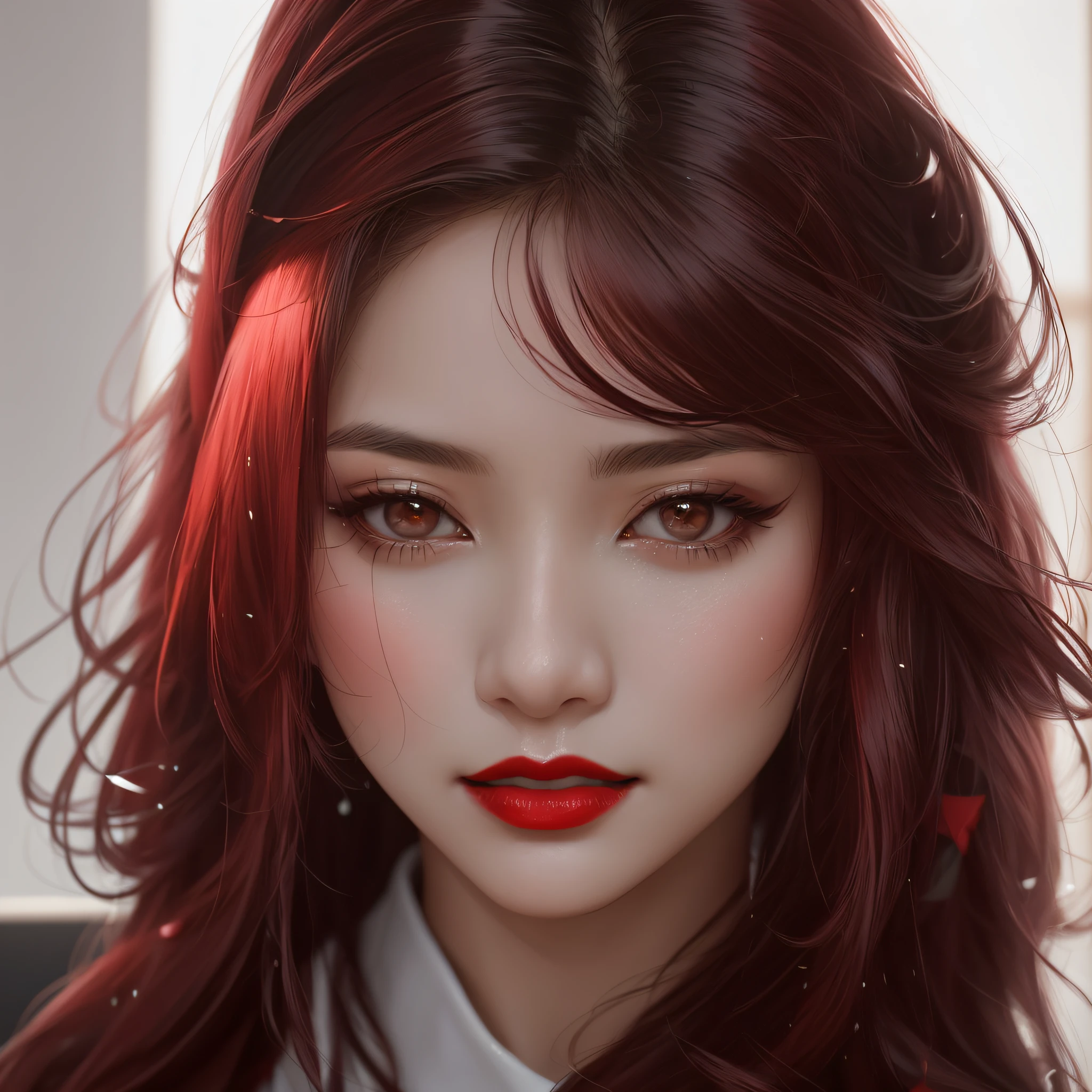 There's a woman with long hair and red lipstick posing for a photo, WLOP |, Art not Guweiz style, RossDraw Retrato, inspirado no WLOP, Rossdraw 1. 0, em estilo de wlop, Ross Tran 8 K, Arte digital 4K realista, Arte digital 4K realista, lindo pintura digital, illustration