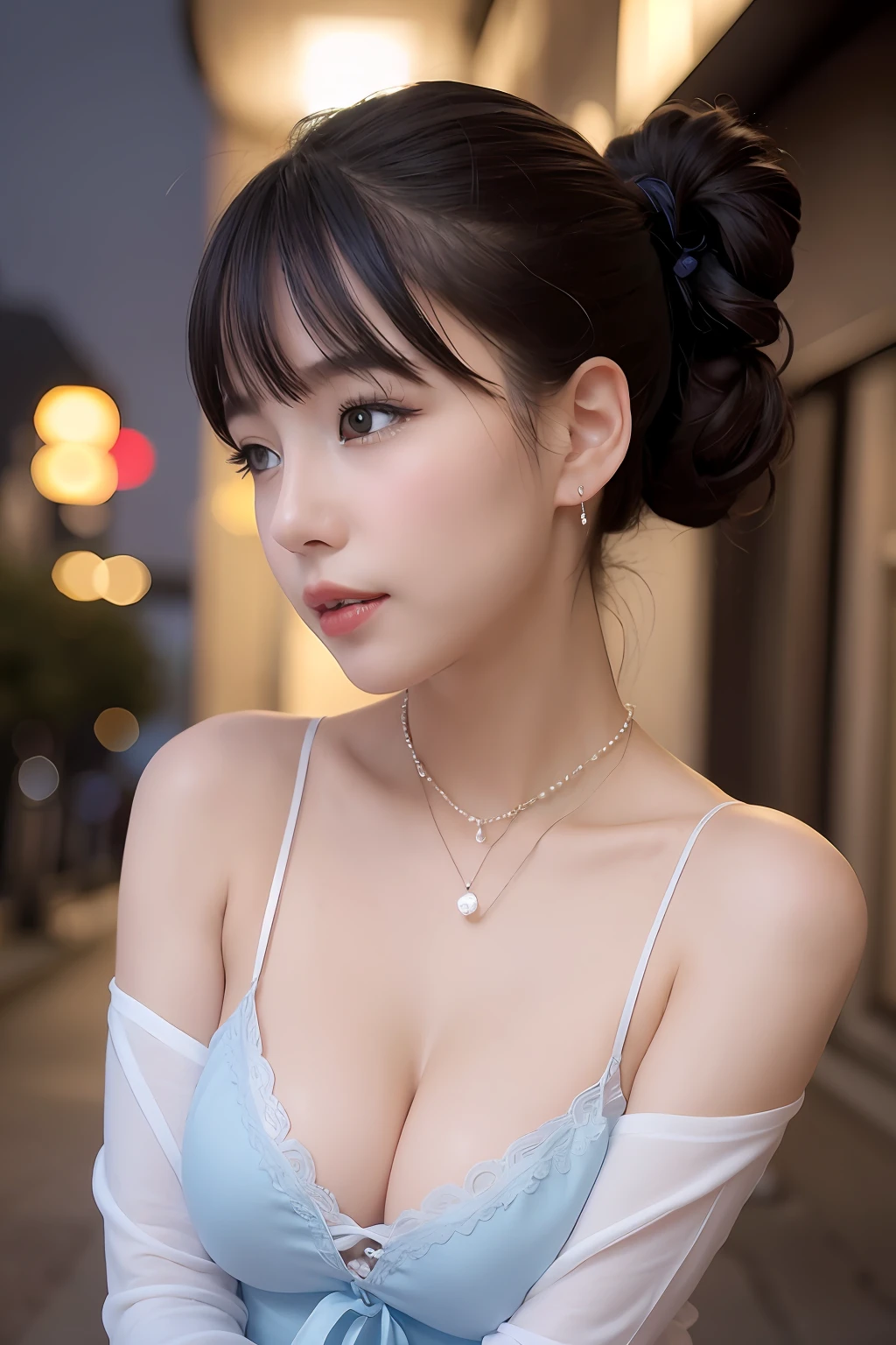 From the side Side, Hip up,((adilin)), side pose, randome pose, during night, (An extremely delicate and beautiful work), (Masterpiece), 1girll, Street attire, Highly detailed, Ponytail Contortion, Enchanted expression, beautiful and clear eyes, blue eye pupil, Delicate pearl necklace, Delicate earrings, Simple blurred background, Extreme detail description, Beautiful, Charming, Ultra-fine painting, Delicate face, Delicate figure, Fine collarbones, lovely lips, soft behind, mix4,(8K, RAW photo, Best quality, Masterpiece:1.2), (Realistic, photo-realistic:1.37),1girll,Cute,Cityscape, Night, rain, Wet, Professional lighting, photon maping, Radio City, Physically-based rendering, above waist,