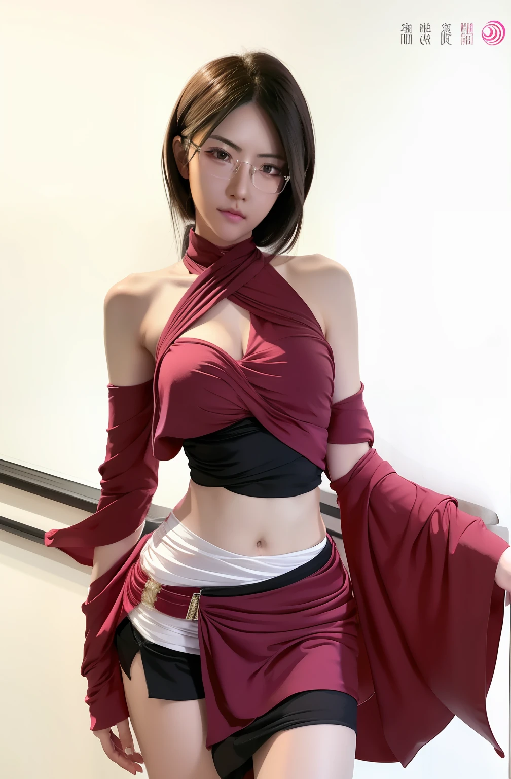 one girl, uchiha sarada, Beautiful, detailed, hyper realistic, dense chest, flat belly, flawless, short black hair, wears clear glasses, red eyes, tall, sexy, natural pink lips, curly eyelashes, sharp nose