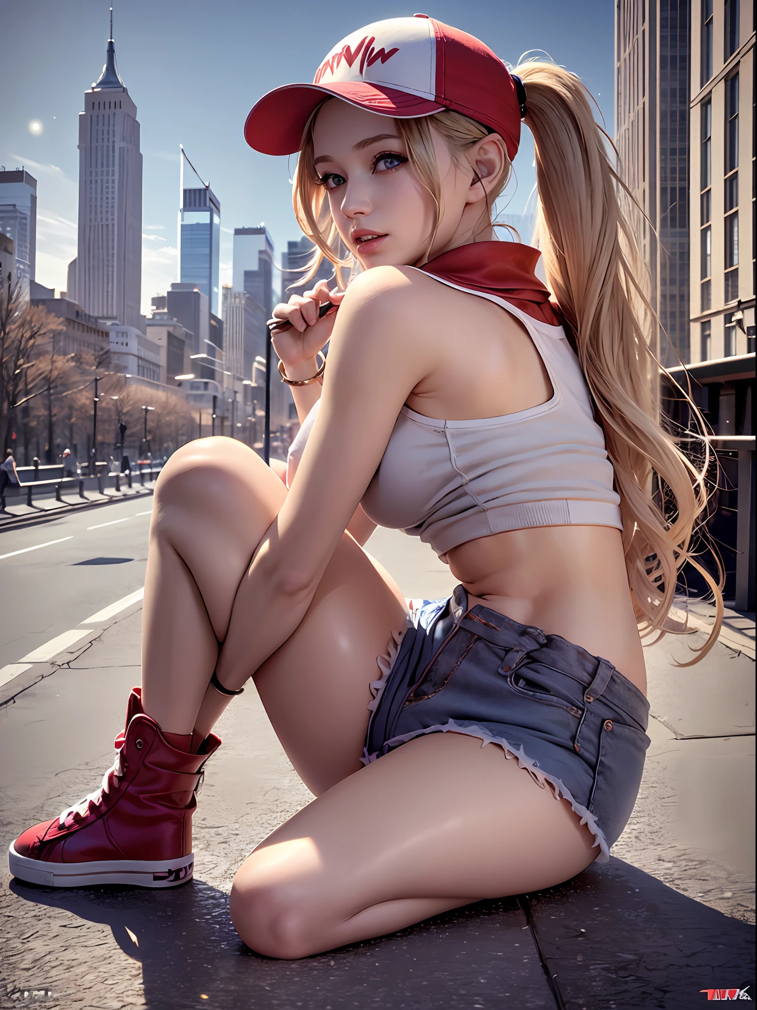 1girl, terry bogard girl, blonde hair, ponytail, blue eyes, long hair, baseball cap, fingerless gloves, denim shorts, shoes, ass focus, on the floor, new york central park background, (8k), (best quality), (masterpiece:1.2), (realistic), (ultra-detailed), (detailed eyes:1.2), (detailed face:1.2), (realism:1.2), (ultra quality), (intricate), (85mm), light particles, lighting, (highly detailed:1.2), (gradients), colorfull, sfw, daylight, solo