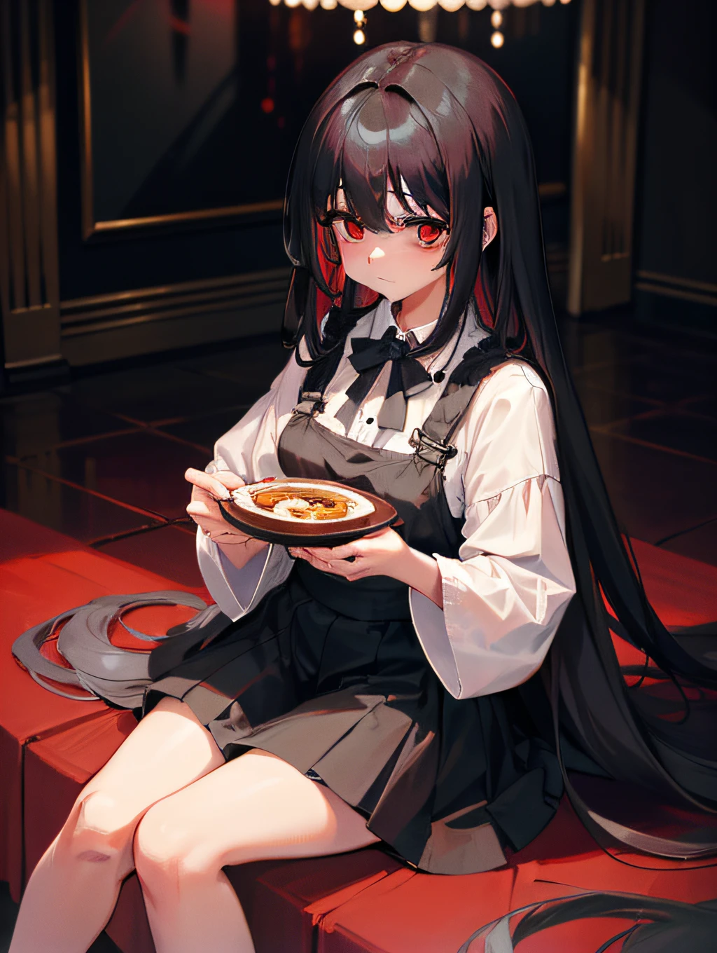 Ultra-detailed, girly, with long black hair and red eyes, sitting in a hall full of lights, with countless delicacies placed on the long table in front of them
