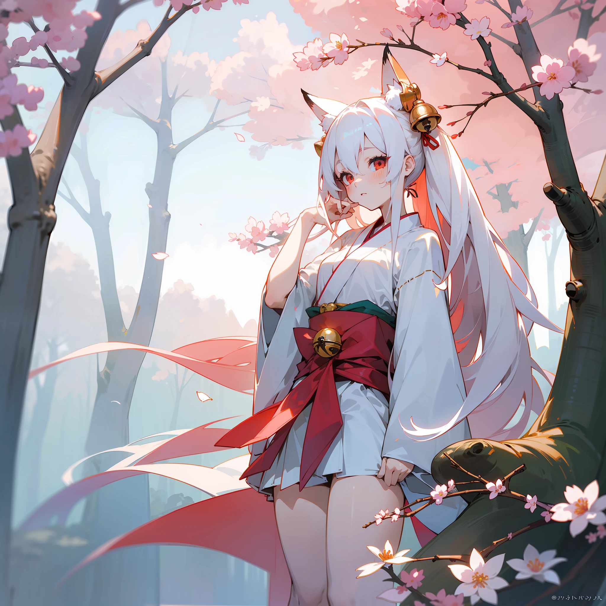 ((best qualtiy)), Beautiful portrait of a genki girl,Sweet girl,the cherry trees,exteriors,White hair,red color eyes,Japanese anime,White robe,Wear flower-shaped hairpins,There are flower-shaped ornaments around the waist,adolable,Anime figure,Bell in hand,detail-rich,show legs,fox ear,White stockings