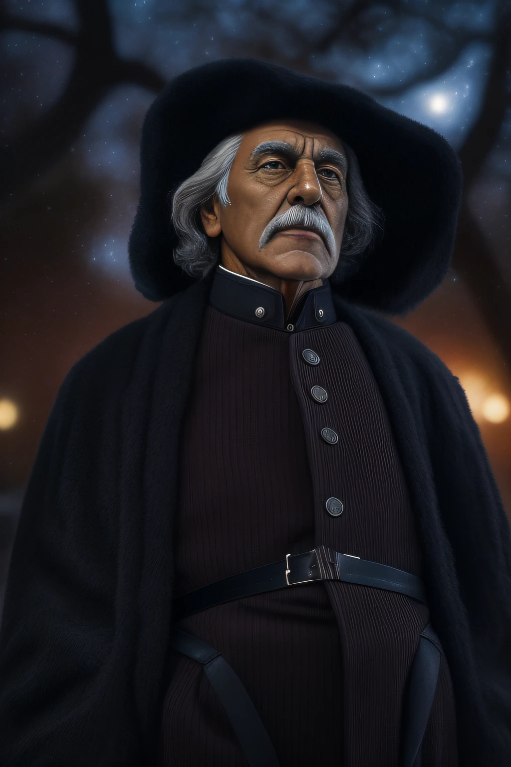 Create a super realistic close-up image of a bust of an old man, Stand in a children's park in a dark night sky，Dressed in black Russian clothing , Exudes confidence and professionalism,Eyes facing forward, looking in front , Frontal side , he should have sharp features, mesmerizing hazel eyes, Wrinkled skin and symmetrical face that exudes elegance. Capture the essence of his determination, information, and poise.