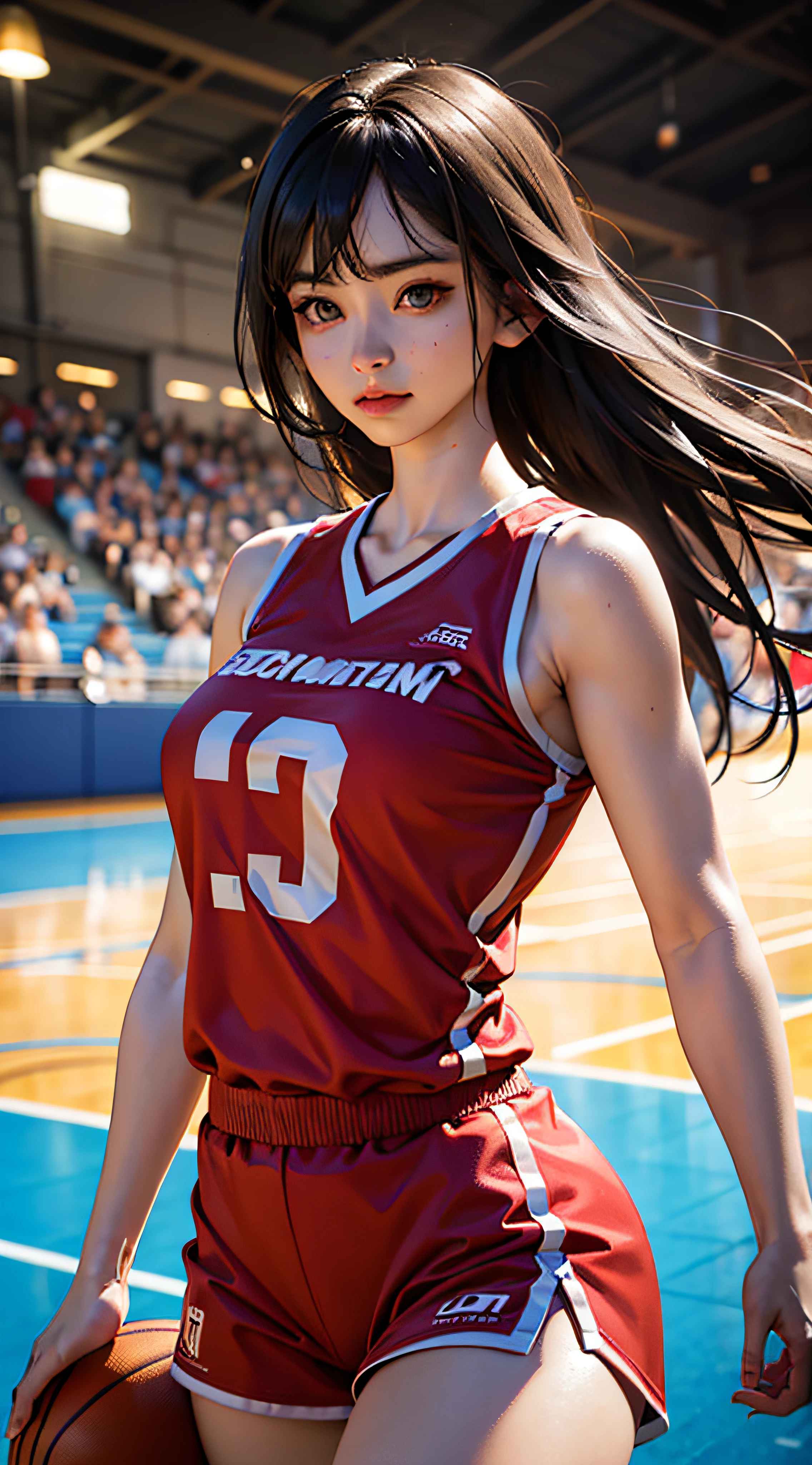8k, Best Quality, Masterpiece: 1.2), (Realistic, Photorealistic: 1.37), Super Detailed, Best Quality, Super High Resolution, Professional Lighting, Photon Mapping, Radiosity, Physically Based Rendering, Cinematic Lighting , basketball court, depth of field, focus, sun rays, good composition, (bokeh: 1.2), 1 girl, (whole body), (closed mouth), beautiful eyes, pose, constriction, basketball uniform, black hair , messy hair, long hair blowing in the wind,(ulzzang-6500:1.2) mix4, hiqcgbody, large breasts, a littel sexy outfits