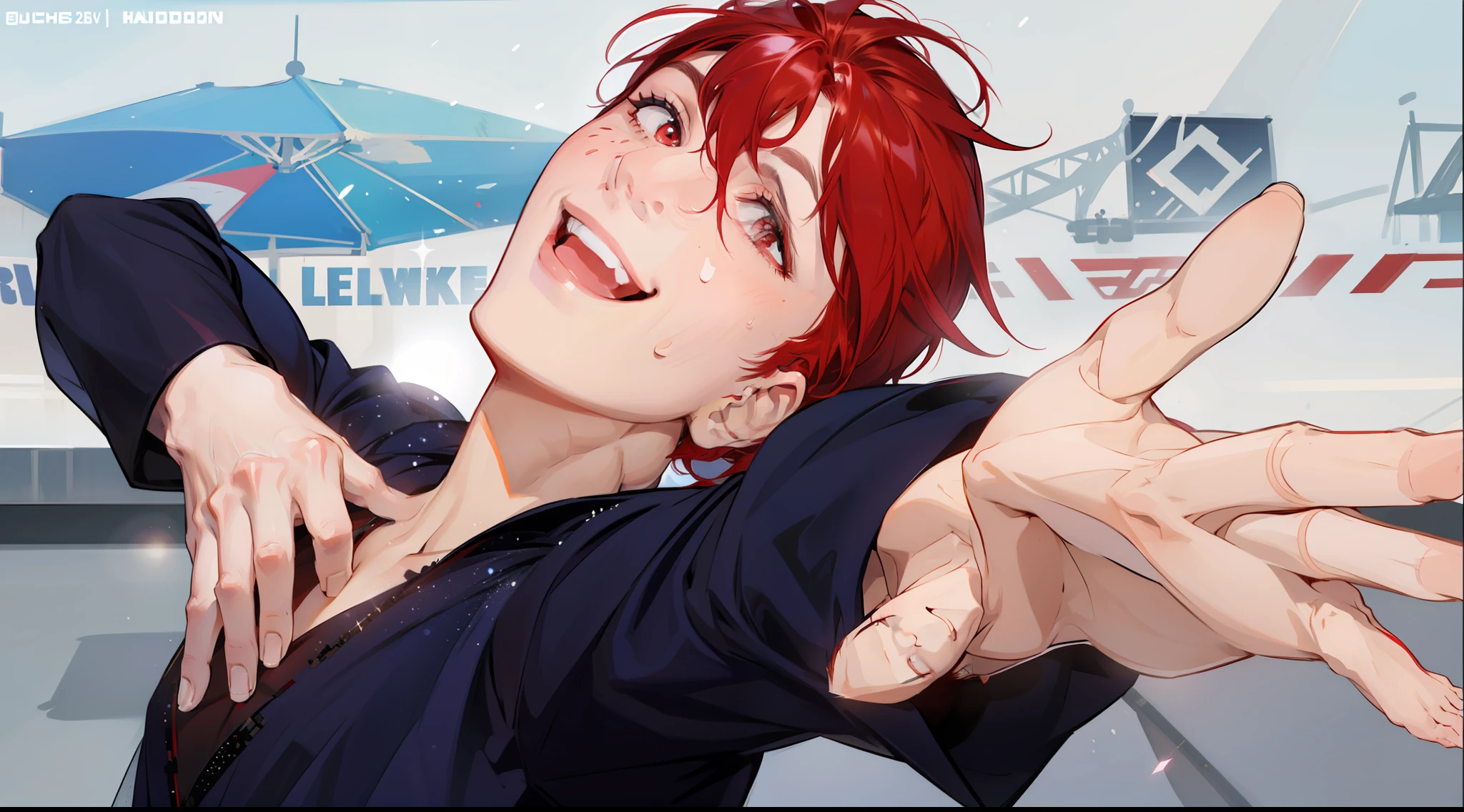Handsome man, red hair. Red eyes, smiling, smiling, sassy, on the rink, posing beautifully, behind the rink, glittering dress, sweating a little, happy, shining, reaching out in front of you, posing beautifully.