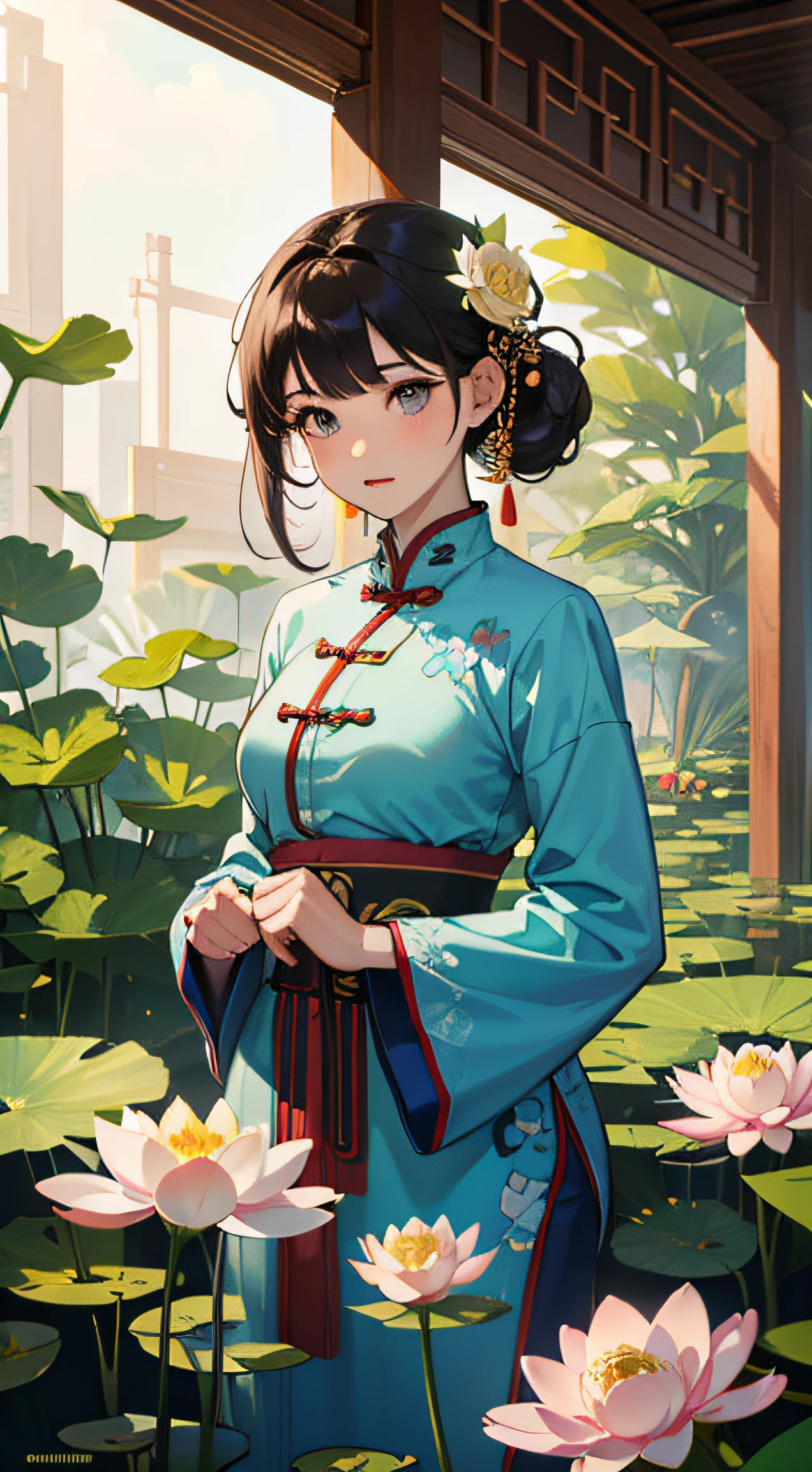 one-girl， Ancient Chinese clothing， full bodyesbian， Inside the pavilion,rays of sunshine， Clear face,florals，Lotus leaf，lotuses， tmasterpiece， super detailing， Epic composition， hyper HD， high qulity， extremely detaile， offcial art， Uniform 8k wallpaper， super detailing， 32k