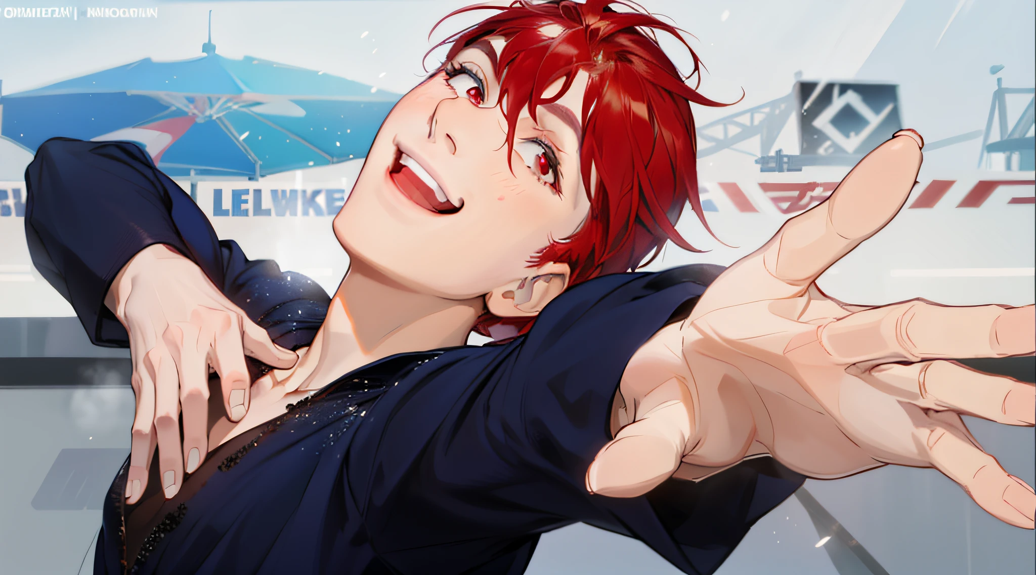 Handsome man, red hair. Red eyes, smiling, smiling, sassy, on the rink, posing beautifully, behind the rink, glittering dress, sweating a little, happy, shining, reaching out in front of you, posing beautifully.