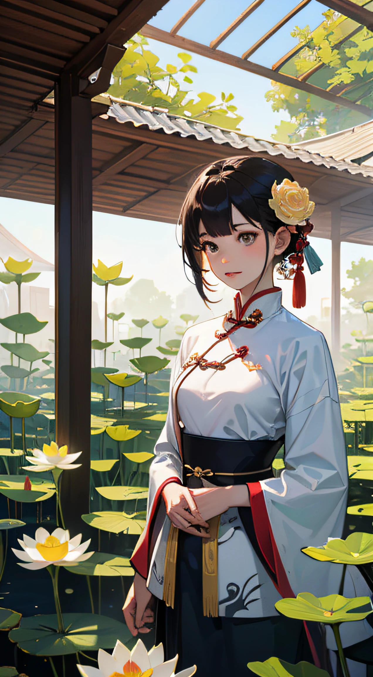 one-girl， Ancient Chinese clothing， full bodyesbian， Inside the pavilion,rays of sunshine， Clear face,florals，Lotus leaf，lotuses， tmasterpiece， super detailing， Epic composition， hyper HD， high qulity， extremely detaile， offcial art， Uniform 8k wallpaper， super detailing， 32k