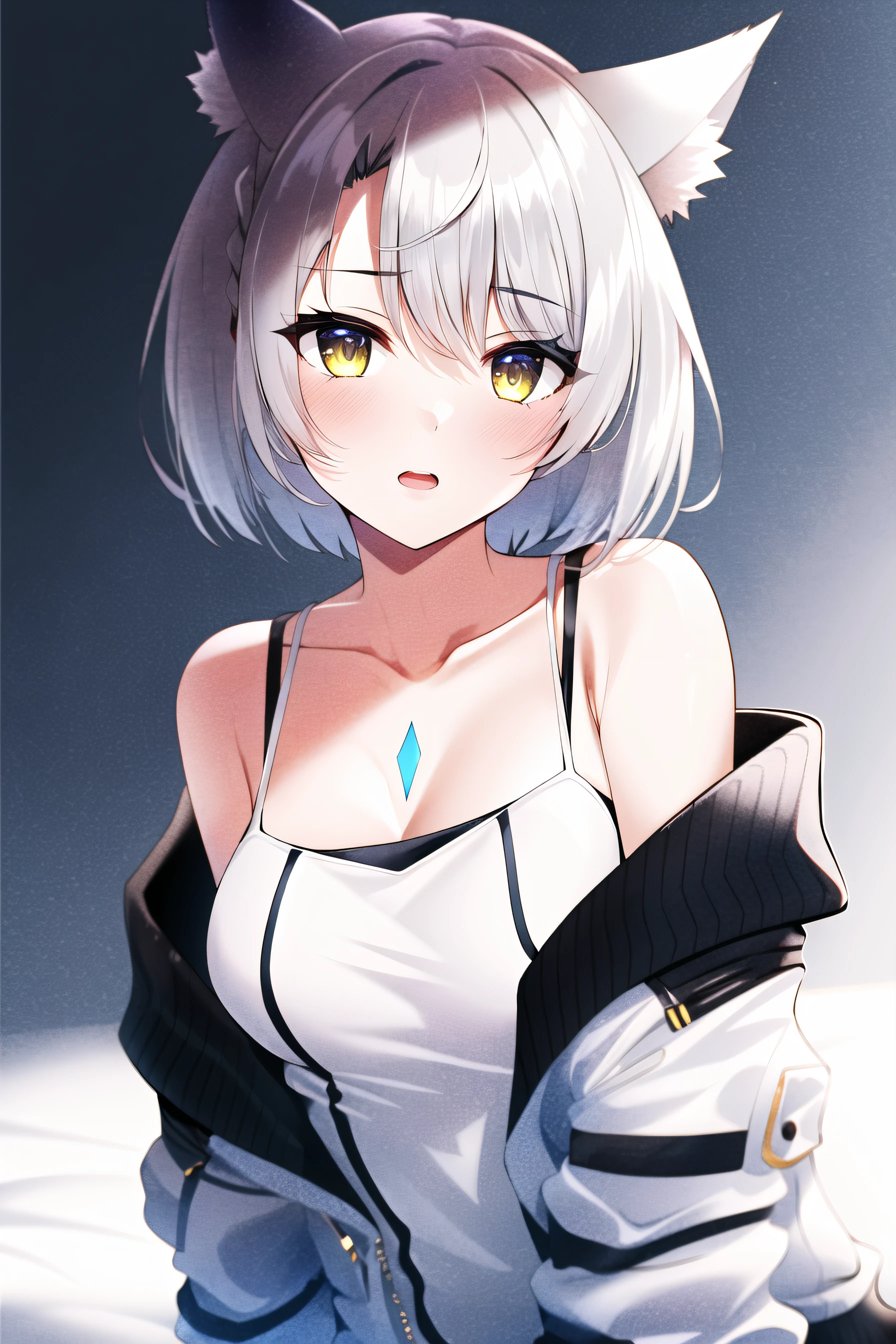 mio \(xenoblade\),

1girl, animal ears, bare shoulders, grey hair, braid, breasts, jacket, looking at viewer, off shoulder, open mouth, short hair, solo, white gloves, yellow eyes,