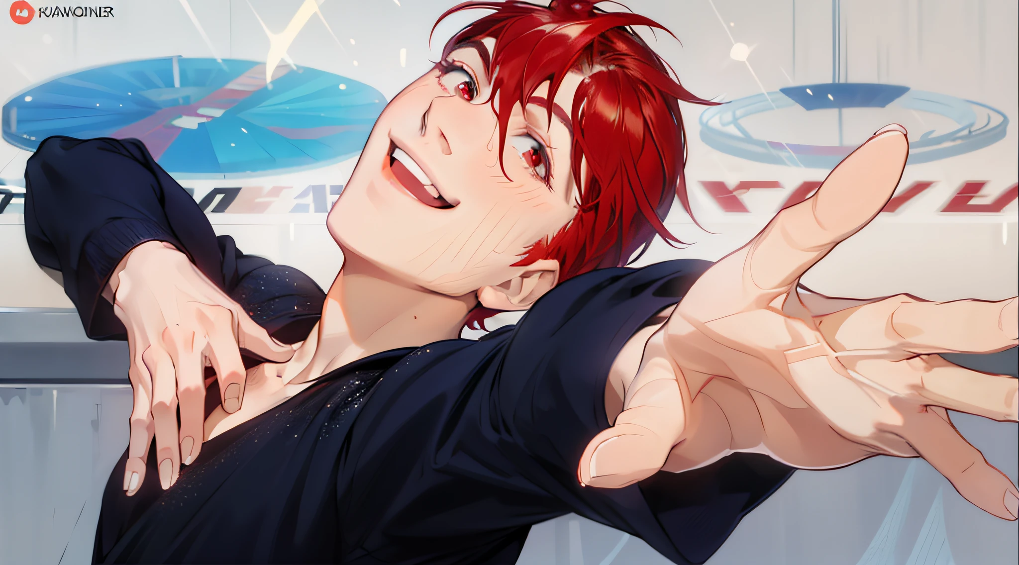 Handsome man, red hair. Red eyes, smiling, smiling, sassy, on the rink, posing beautifully, behind the rink, glittering dress, sweating a little, happy, shining, reaching out in front of you, posing beautifully.