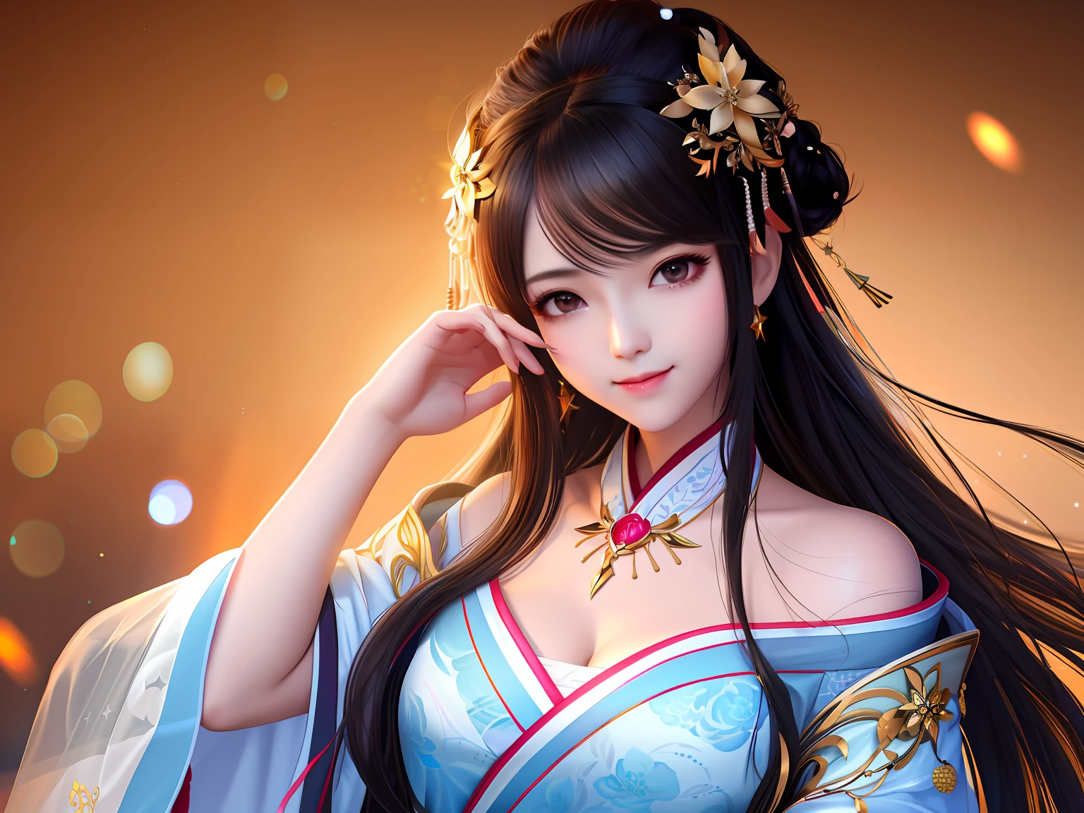 best quality, masterpiece, highres, 1girl,blush,(seductive smile:0.8),star-shaped pupils,china hanfu,hair ornament,necklace, jewelry,Beautiful face,upon_body, tyndall effect,photorealistic, dark studio, rim lighting, two tone lighting,(high detailed skin:1.2), 8k uhd, dslr, soft lighting, high quality, volumetric lighting, candid, Photograph, high resolution, 4k, 8k, Bokeh
