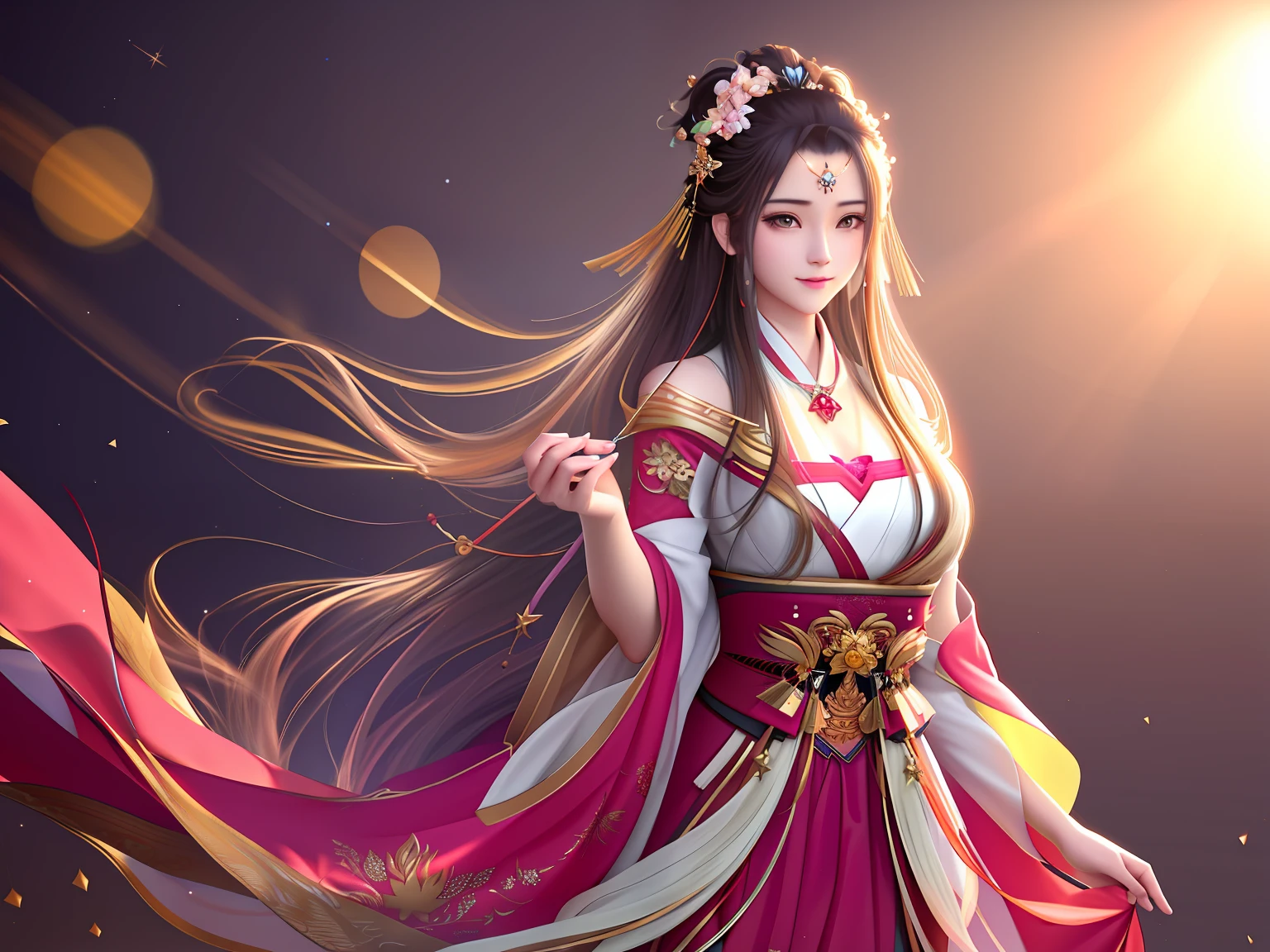 best quality, masterpiece, highres, 1girl,blush,(seductive smile:0.8),star-shaped pupils,china hanfu,hair ornament,necklace, jewelry,Beautiful face,upon_body, tyndall effect,photorealistic, dark studio, rim lighting, two tone lighting,(high detailed skin:1.2), 8k uhd, dslr, soft lighting, high quality, volumetric lighting, candid, Photograph, high resolution, 4k, 8k, Bokeh