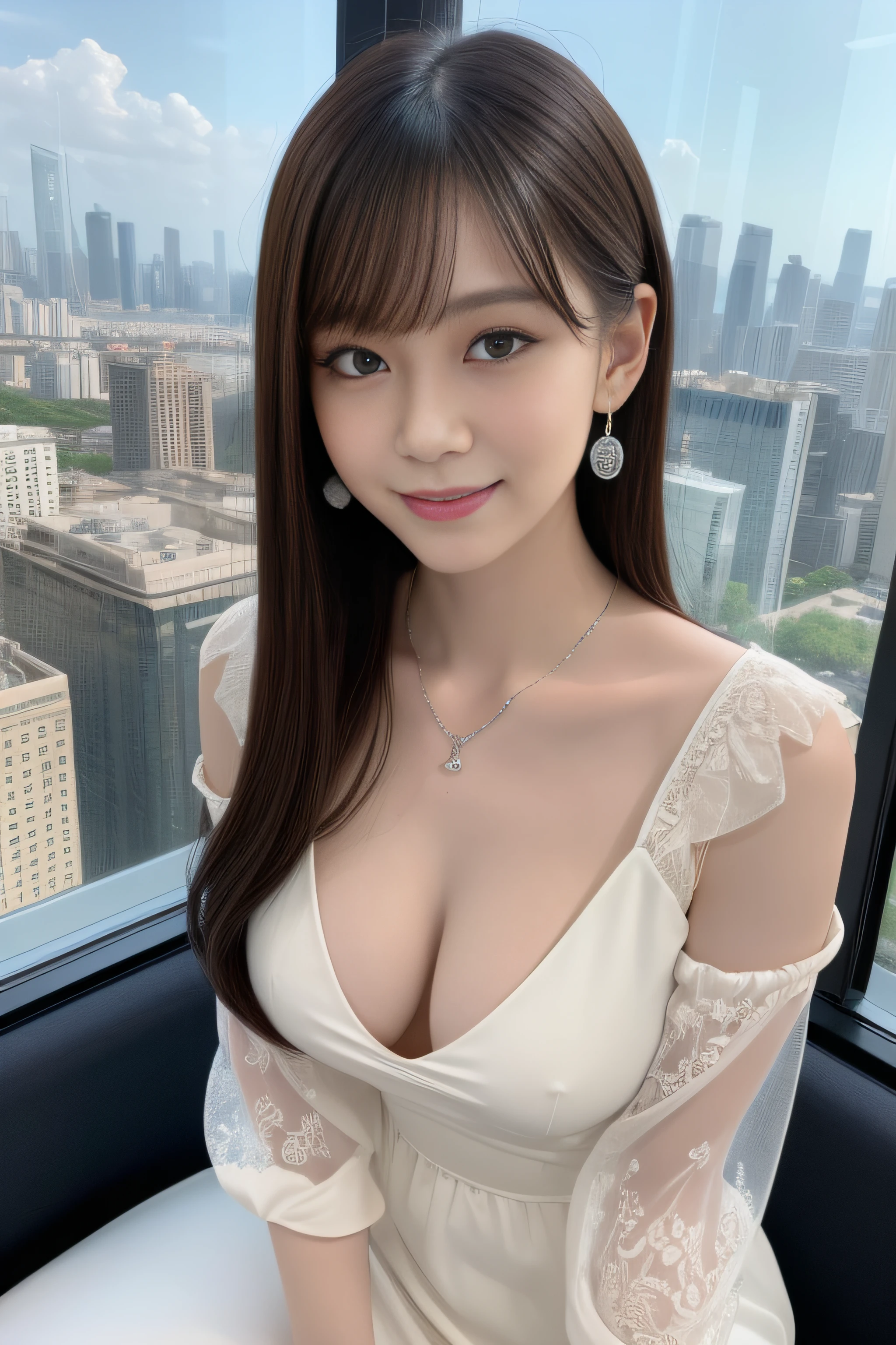 (Highly detailed 8k wallpaper), sharp focus, detailed, dramatic, delicate and beautiful young girl, detailed face,  (in heat:1.5),  (slim face, Slim Waist, Slim legs), (perky uplifted breasts:1.2), cleavage, blunt bangs, (wearing various colors half-sleeves lace embossed transparent dress), (downblouse;1.1), Half Butterfly Earrings, silver twin ling necklace with opal, jewelry, (smile:1.05), graphics beautiful, in high-rise building, Modern office with a city skyline view, Full Glass Wide Window,　sitting on gorgeous bed by window:1.8), (sexy puse:1.1), 3/4 body shot,
