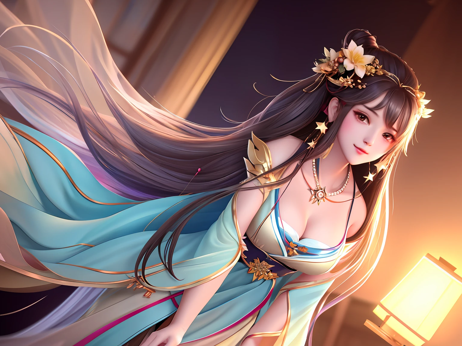 best quality, masterpiece, highres, 1girl,blush,(seductive smile:0.8),star-shaped pupils,china hanfu,hair ornament,necklace, jewelry,Beautiful face,upon_body, tyndall effect,photorealistic, dark studio, rim lighting, two tone lighting,(high detailed skin:1.2), 8k uhd, dslr, soft lighting, high quality, volumetric lighting, candid, Photograph, high resolution, 4k, 8k, Bokeh