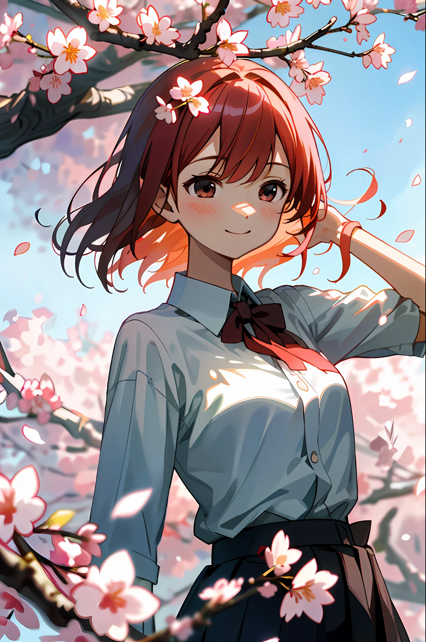 Masterpiece, Best quality, A high resolution, Game CG, 1girll, mahiru shiina, Cherry blossoms, petals, flying petal, Wind, Upper body