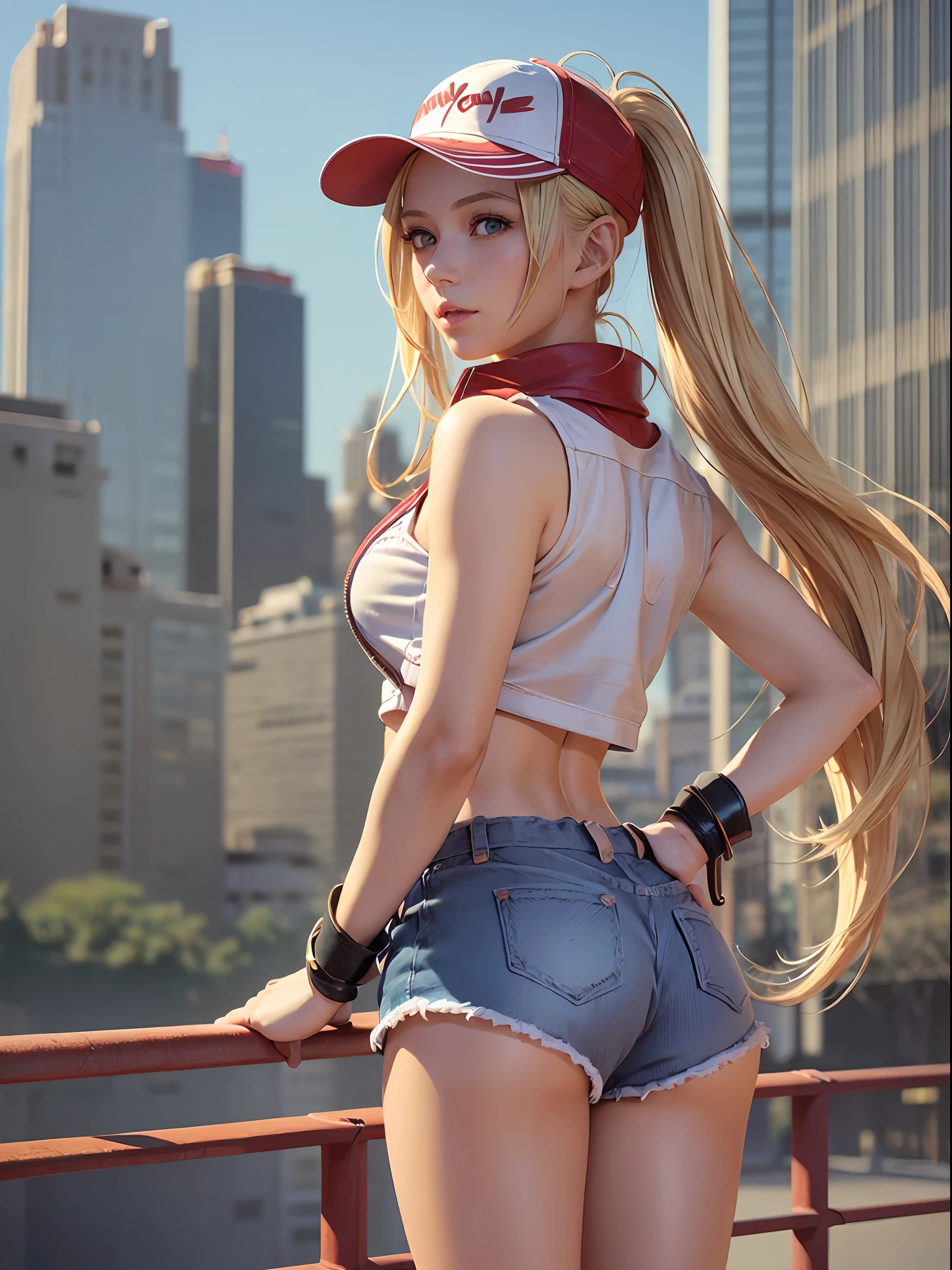 1girl, terry bogard girl, blonde hair, ponytail, blue eyes, long hair, baseball cap, fingerless gloves, denim shorts, shoes, ass focus, new york central park background, (8k), (best quality), (masterpiece:1.2), (realistic), (ultra-detailed), (detailed eyes:1.2), (detailed face:1.2), (realism:1.2), (ultra quality), (intricate), (85mm), light particles, lighting, (highly detailed:1.2), (gradients), colorfull, sfw, daylight, solo