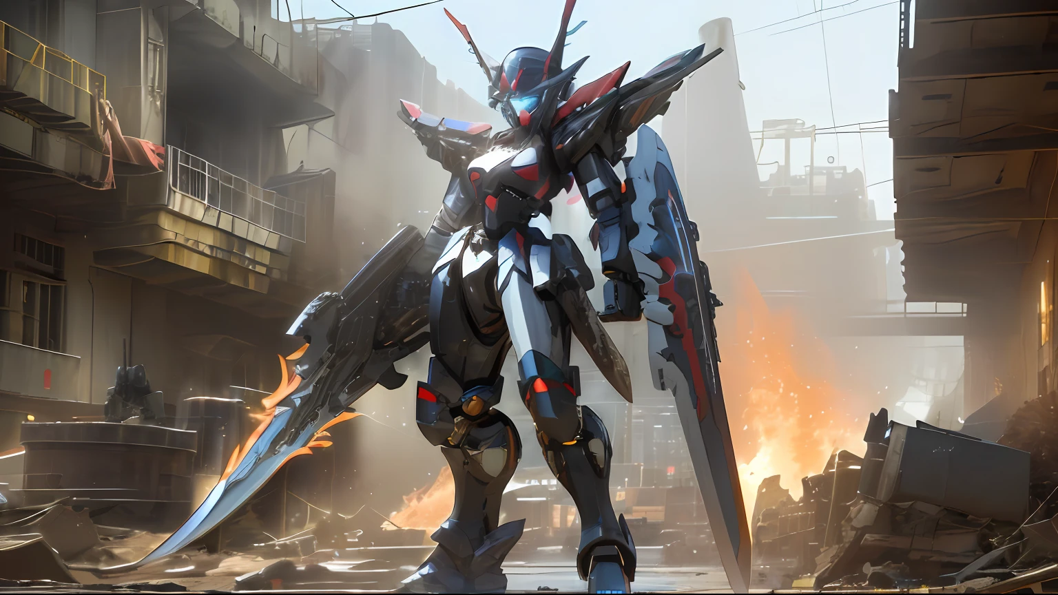 masterpiece, best quality, mecha, no humans, (full body), (black armor mecha:1.5), (Axisymmetric:1.4),(HDR), (cinematic light:1.1), blue eyes, science fiction, fire, laser canon beam, war, conflict, destroyed city background holding weapon,(holding huge weapon:1.5), holding Very large shield, mechagirl girl,