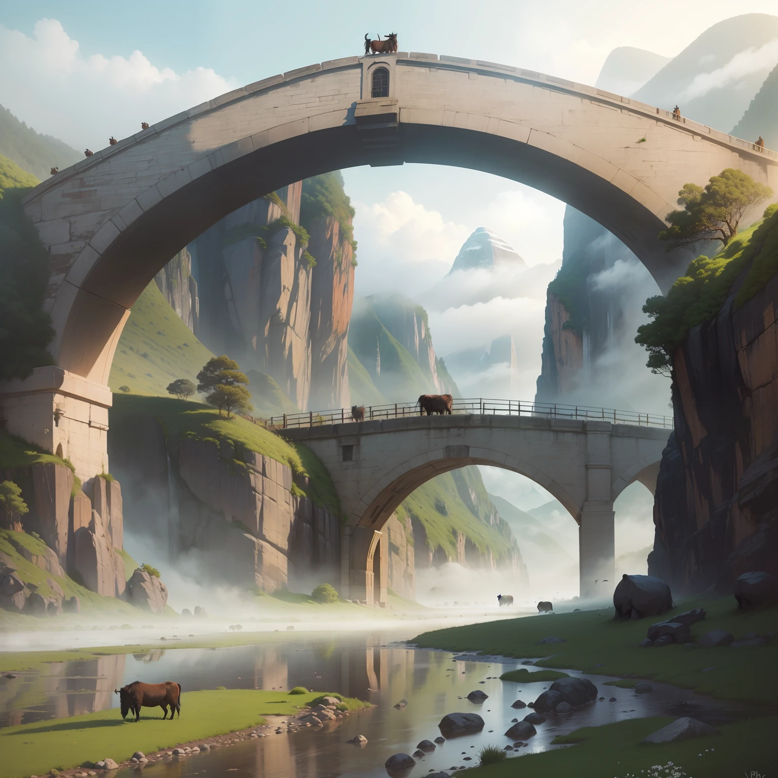 Early Morning, Mountains, Foggy Farmers, Buffaloes, Stone Arch Bridges, Small Rivers, Rice Blossoms