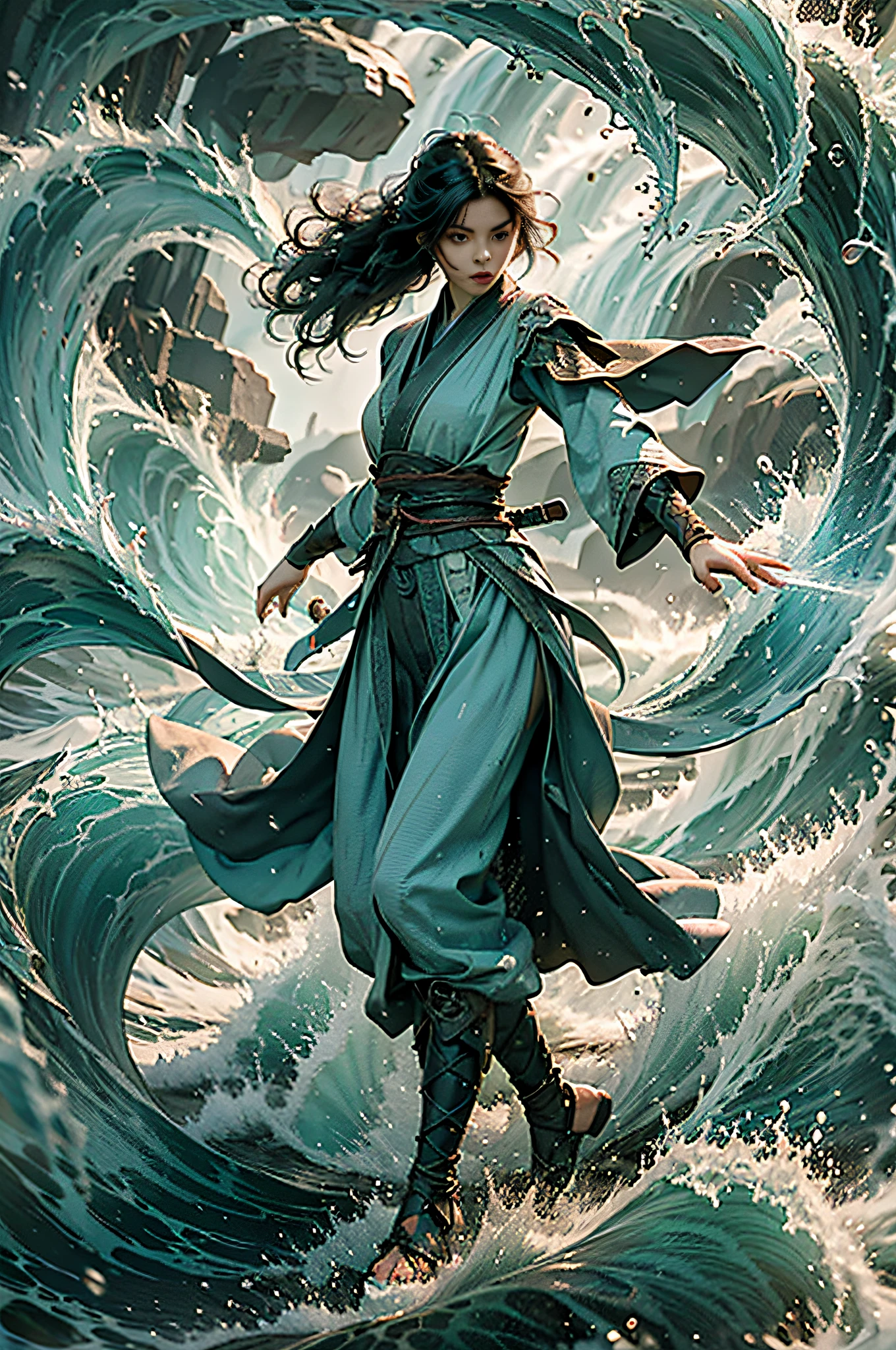 Best quality,masterpiece,ultra high res,,yushuishu,1girl,solo,black hair,water,waves,lips,full body,Take the sword.,The normal hand.,