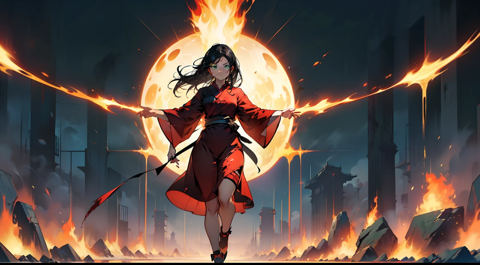 Kizi, ((Green eyes)), ((Long black hair),Red dress with white gauze, Young woman,Head down，His face turned pale，The expression is grim，terroral，Full body like，Faraway view，bleeding from the corners of her mouth，Orbital hemorrhage(Background with：No Man，Endless Void，There are many souls wandering，salama，火焰，The Void，mid-air，Time goes on)