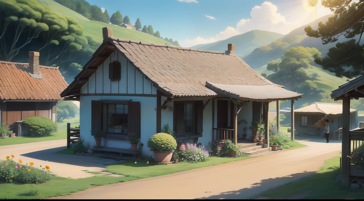 30s of the last century、A seven-year-old boy、brunette color hair、short detailed hair、exteriors、basket、elated、paths、Grandma's house、cheerfulness、grin、and the sun was shining brightly、fresh flowers、the fruits、Small snacks,setting in nature