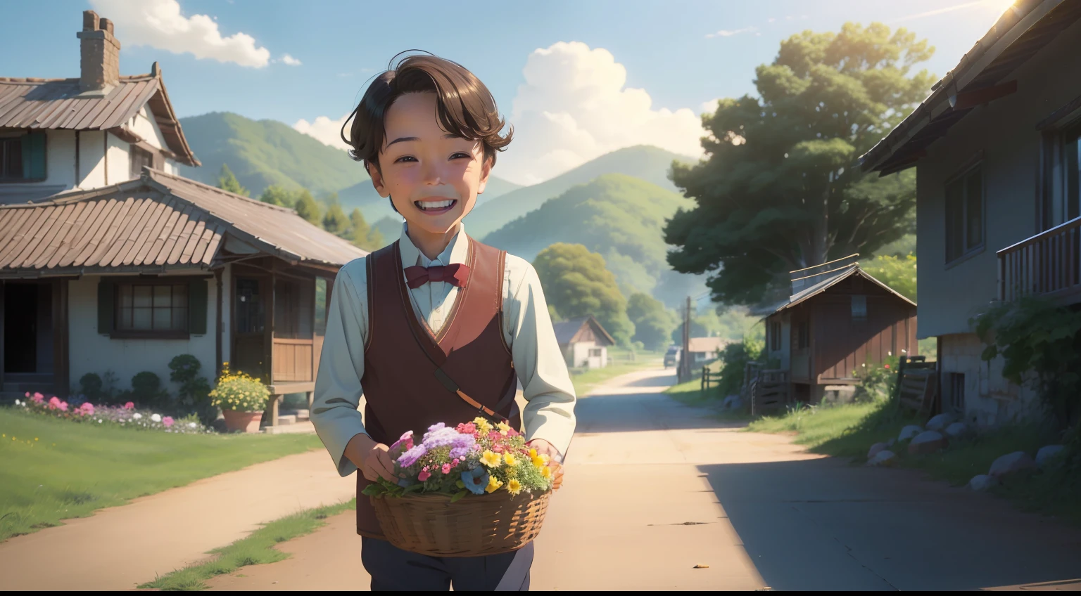 30s of the last century、A seven-year-old boy、brunette color hair、short detailed hair、exteriors、basket、elated、paths、Grandma's house、cheerfulness、grin、and the sun was shining brightly、fresh flowers、the fruits、Small snacks，setting in nature