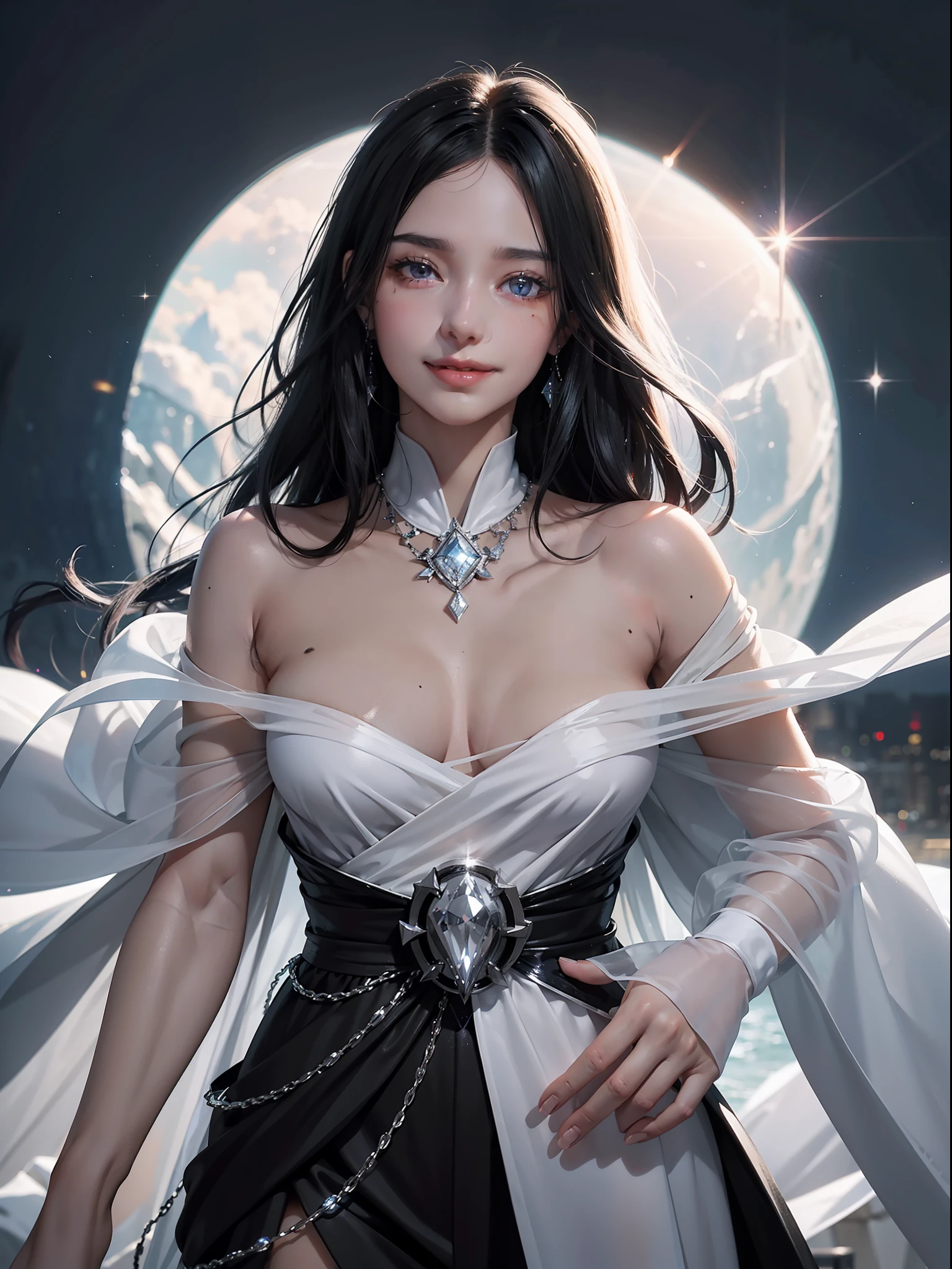 Black hair, crystal hair, hair splayed out, Smile, Mole under the eyes, Best Beauties, Art deco, Anime, romanticism, Realism, Cinematic lighting, depth of fields, reflective light, One-person viewpoint, Lens Flare,, nffsw, Anatomically correct, Textured skin, high details, 4K