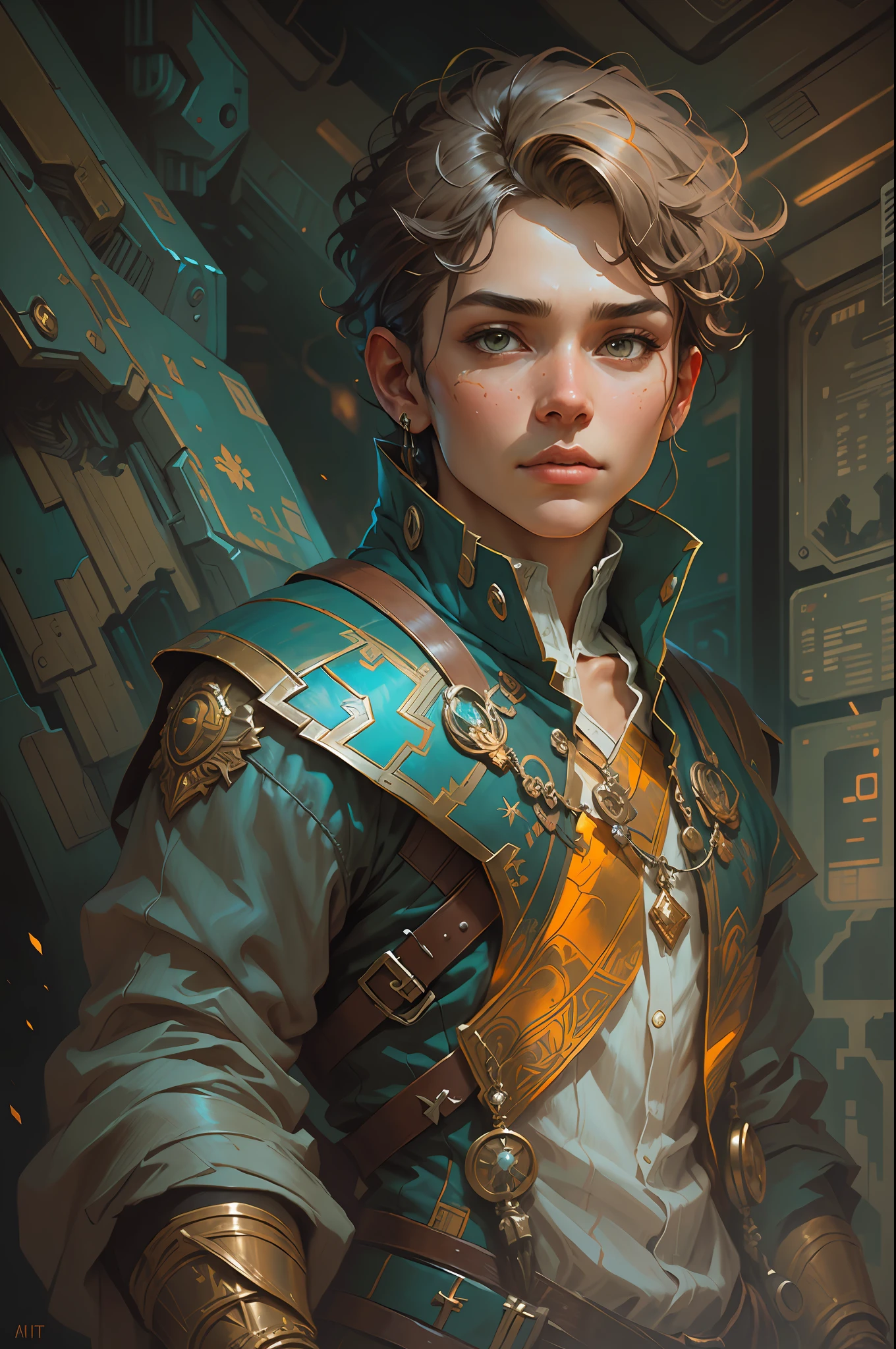 Portrait of a young handsome boy standing on a marvelous stone, standing gitl:1.2, (Low contrast ), colorfantasystyle, Oil painting on matte canvas, sharp detailed, the expanse scifi spacescape ceres colony, Intricate, Highly detailed, Digital painting, plethora of colors, smooth, Sharp focus, illustration, Unreal Engine 5, 8K, art by artgerm and greg rutkowski and alphonse mucha , art by midjourney