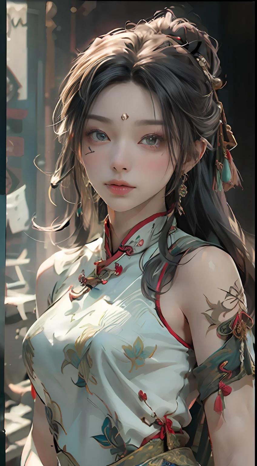 ((Best Quality)), ((Masterpiece)), (Details: 1.4), 3D, A Beautiful Female Figure, HDR (High Dynamic Range), Ancient Chinese Costumes, Satin Clothing, Feminine and Sexy, White Cheongsam, Green Hair Accessories, Tassel Earrings, Ray Tracing, NVIDIA RTX, Super-Resolution, Unreal 5, Subsurface Scattering, PBR Textures, Post Processing, Anisotropic Filtering, Depth of Field, Maximum Sharpness and Clarity, Multi-layer textures, albedo and specular mapping, surface shading, accurate simulation of light-material interactions, perfect proportions, Octane Render, two-color light, large aperture, low ISO, white balance, rule of thirds, 8K RAW, ultra-fine detail facial features, facial details, finger details