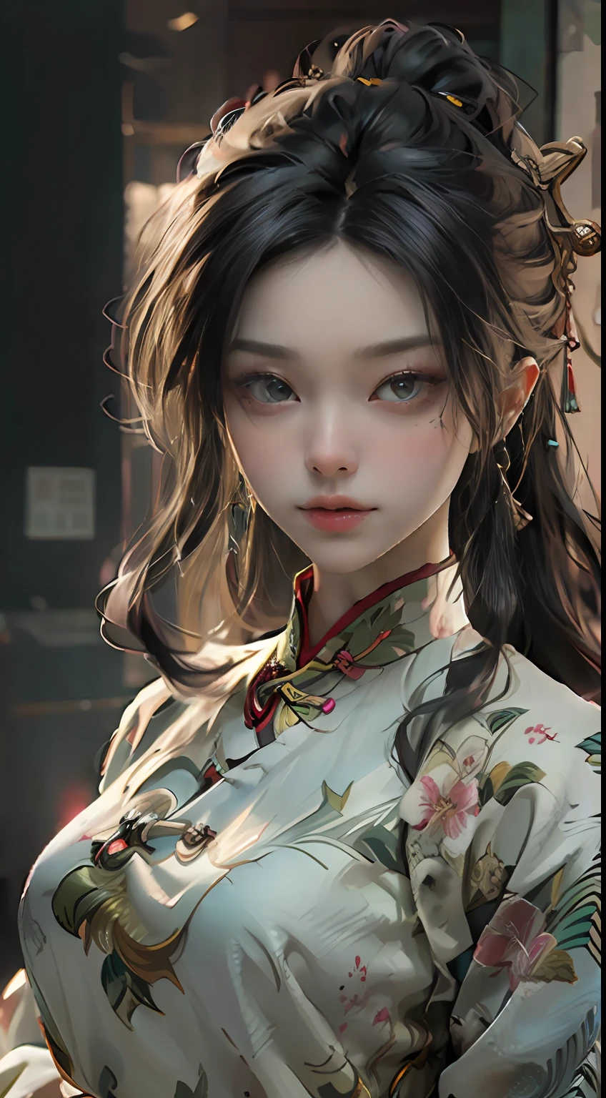 ((Best Quality)), ((Masterpiece)), (Details: 1.4), 3D, A Beautiful Female Figure, HDR (High Dynamic Range), Ancient Chinese Costumes, Satin Clothing, Feminine and Sexy, White Cheongsam, Green Hair Accessories, Tassel Earrings, Ray Tracing, NVIDIA RTX, Super-Resolution, Unreal 5, Subsurface Scattering, PBR Textures, Post Processing, Anisotropic Filtering, Depth of Field, Maximum Sharpness and Clarity, Multi-layer textures, albedo and specular mapping, surface shading, accurate simulation of light-material interactions, perfect proportions, Octane Render, two-color light, large aperture, low ISO, white balance, rule of thirds, 8K RAW, ultra-fine detail facial features, facial details, finger details