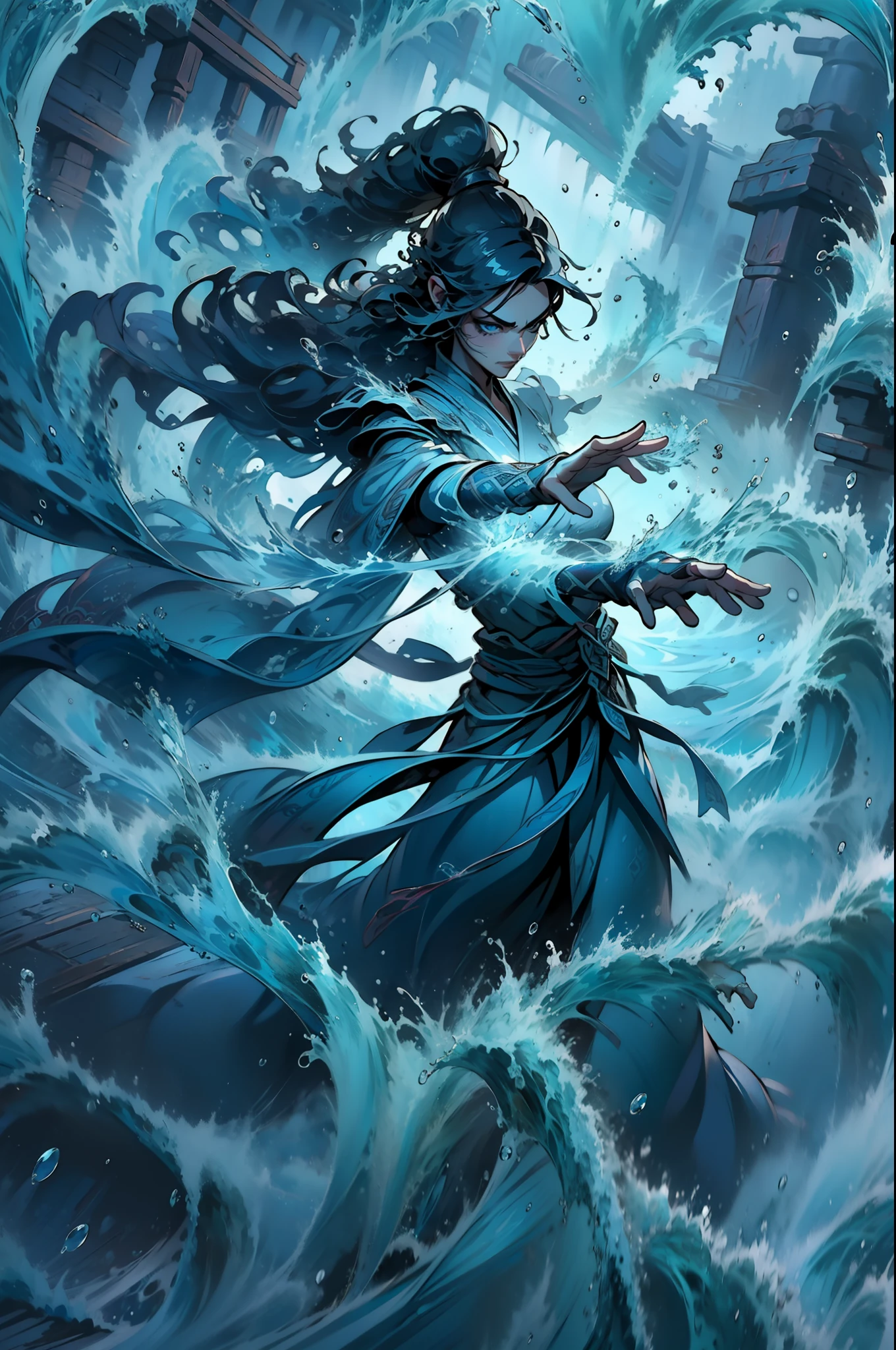 masterpiece, best quality, Highly detailed,1girl,model,large breasts,v-shaped eyebrows,long hair,messy hair,own hands clasped,looking afar,((water drops)),wet clothes,((beautiful detailed water)),((floating)),dynamic angle,water