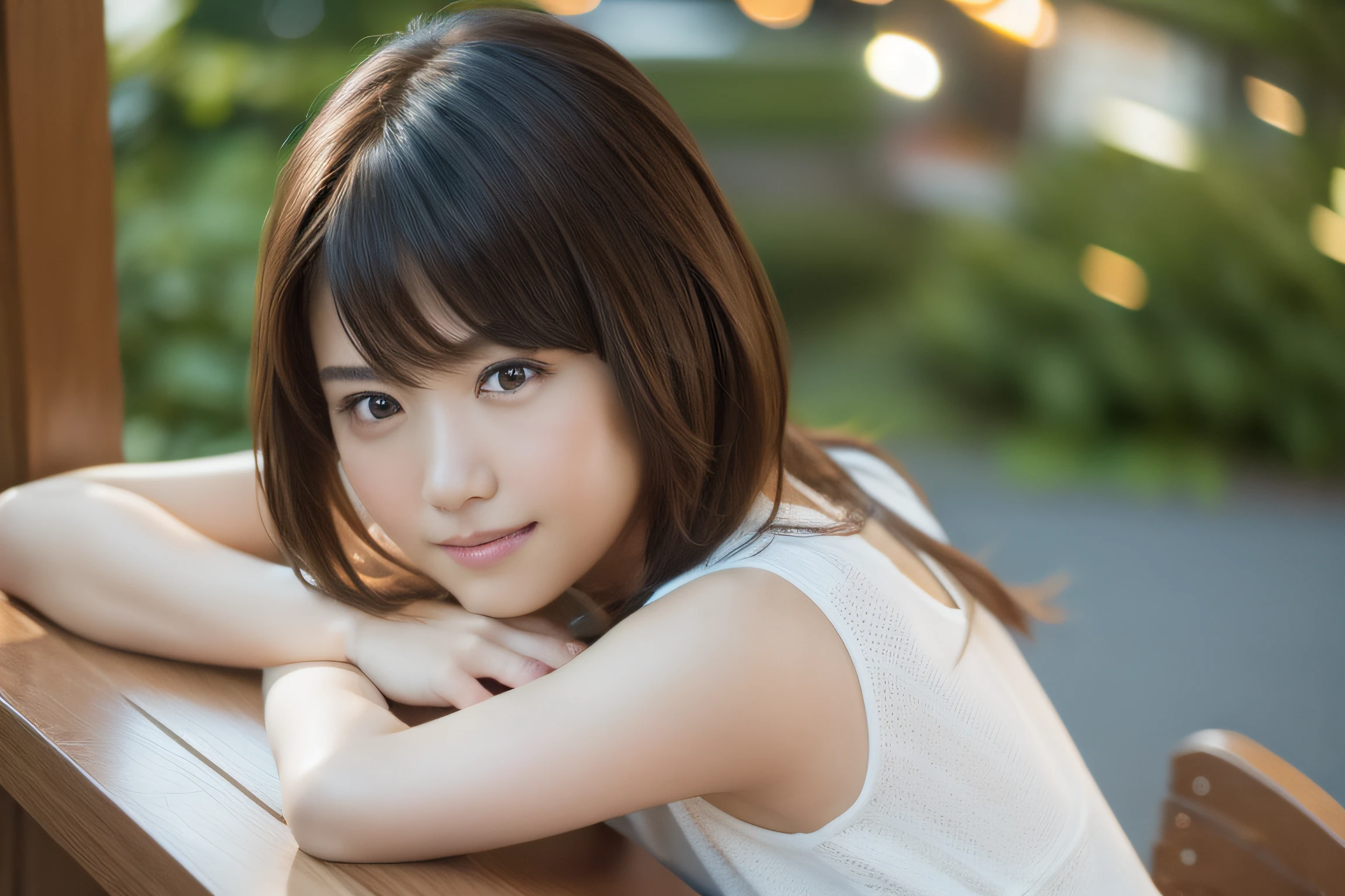 Best Quality, 超A high resolution, (Photorealistic:1.4), Raw photo, (upper thigh, From Side:0.7), (Bokeh:1.5), (sit on a bench), (in a suite:1.6),window, 1日本人の女の子, Cute, (Solo:1.6), (Shy smile), (Brown eyes), Smooth skin, (Brown medium hair,Bangs), (touch hair:1.4),nogizaka,a park,Supple fingers