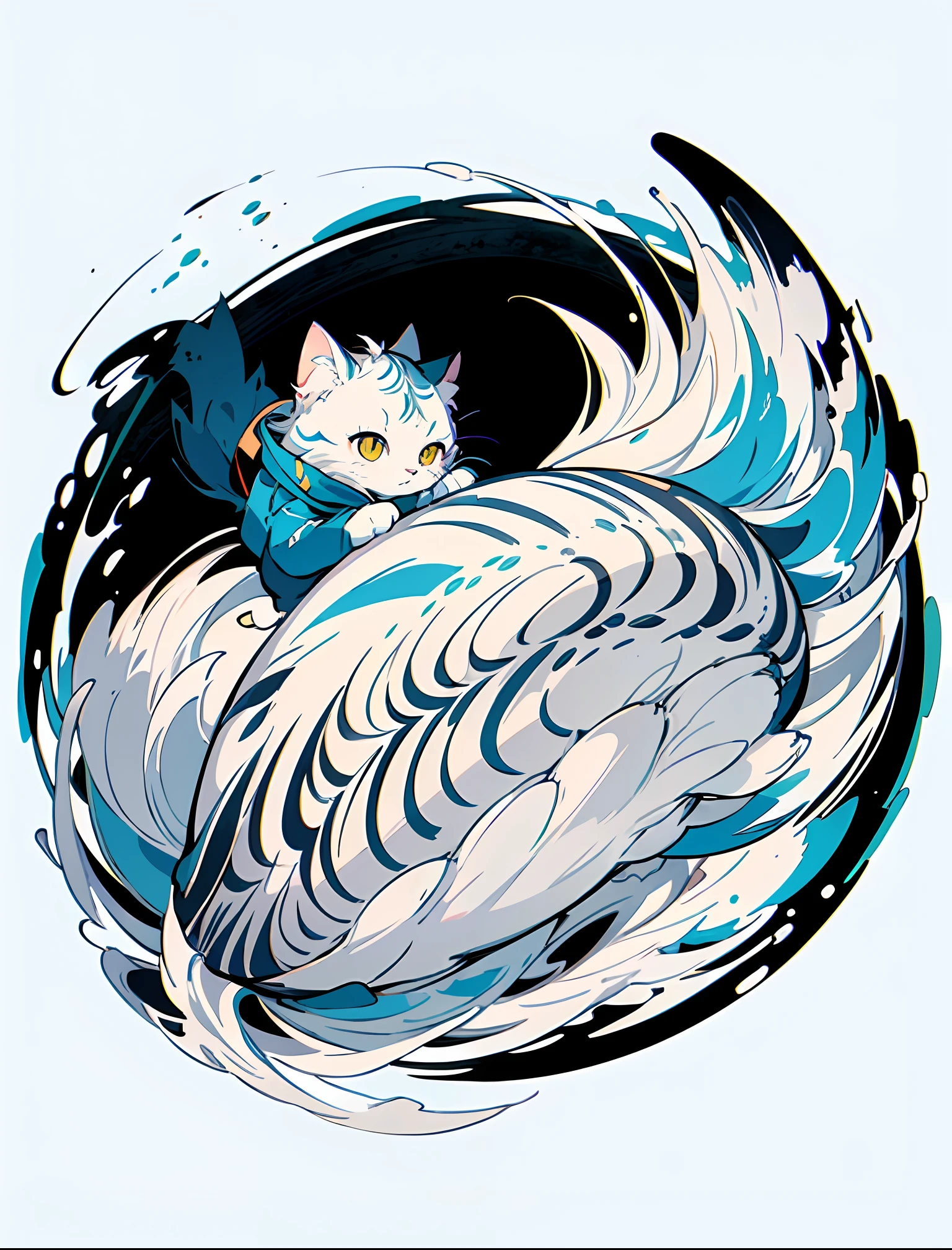 high resolution, 2D line art logo, white mackerel cat, white tabby cat, pale blue background, minimalistic and simple logo, smooth vector illustration, monochrome,